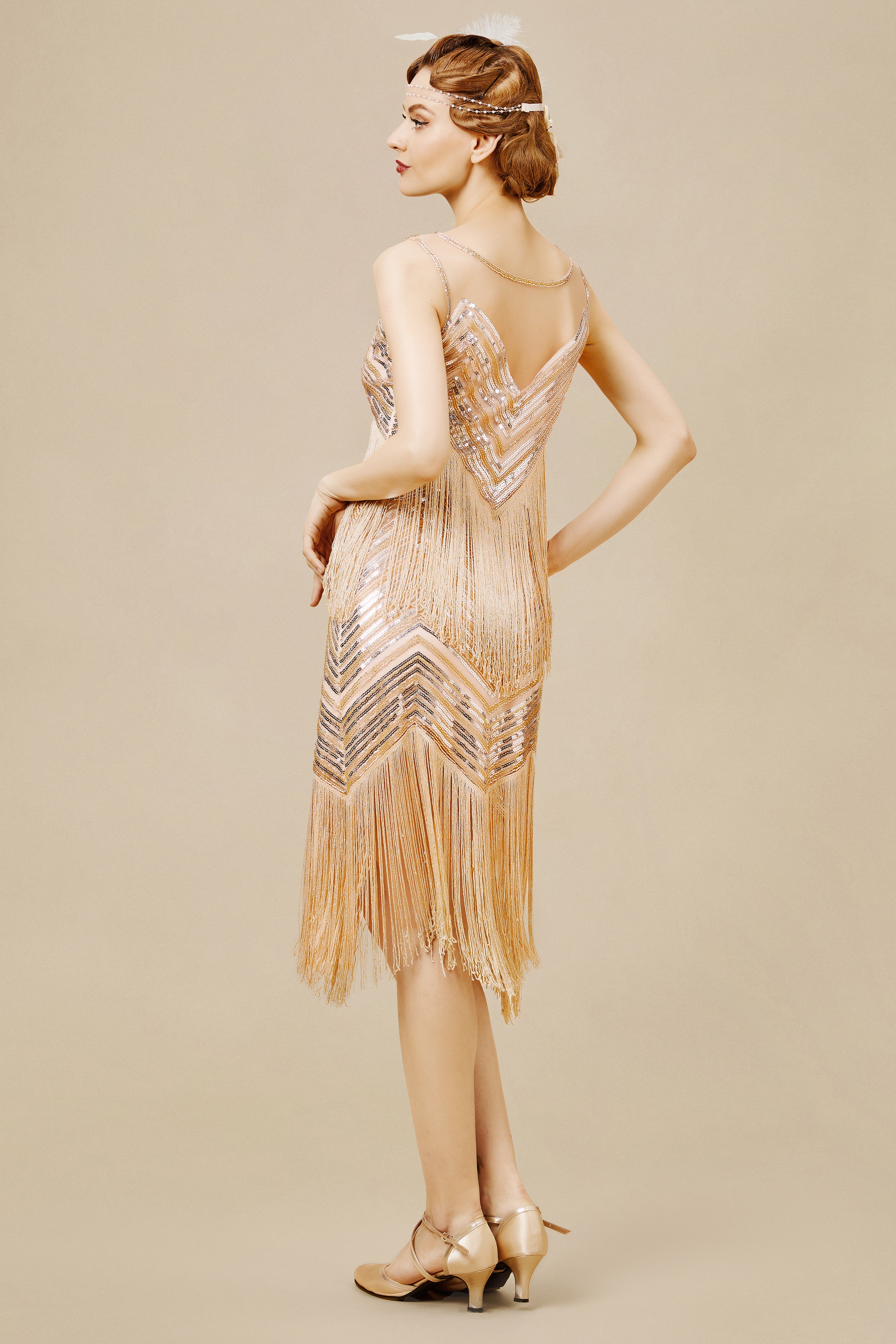 Embroidered Sequin Flapper Tassel Dress | Champagne | 4