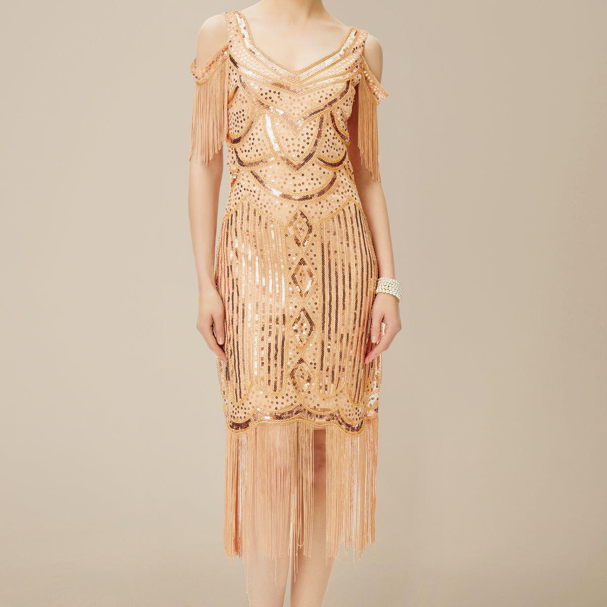 White 1920's Sequined Fringe Dress main image 1