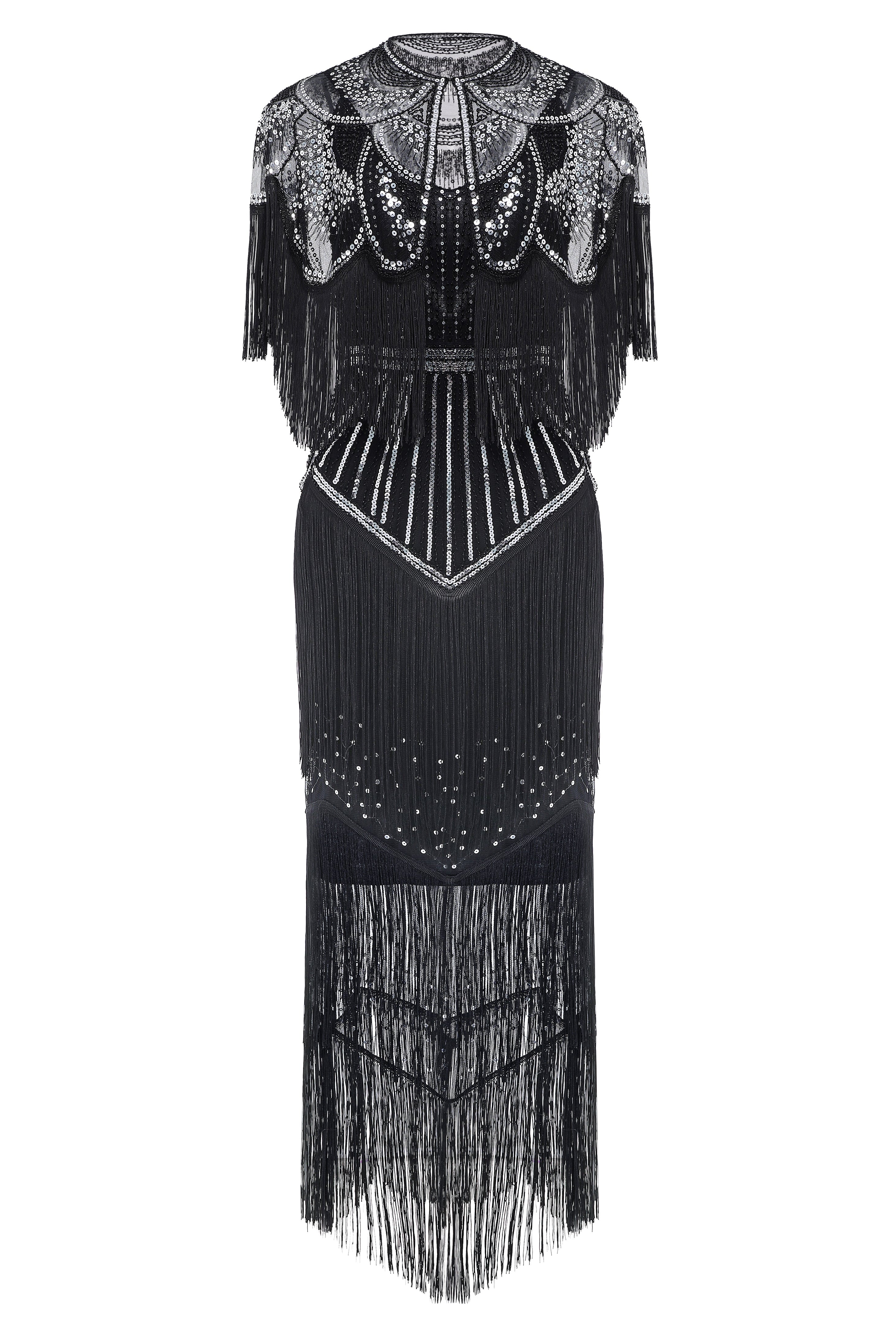 Strap V Neck Sequin Dress With Shawl | Blacksilver | 1