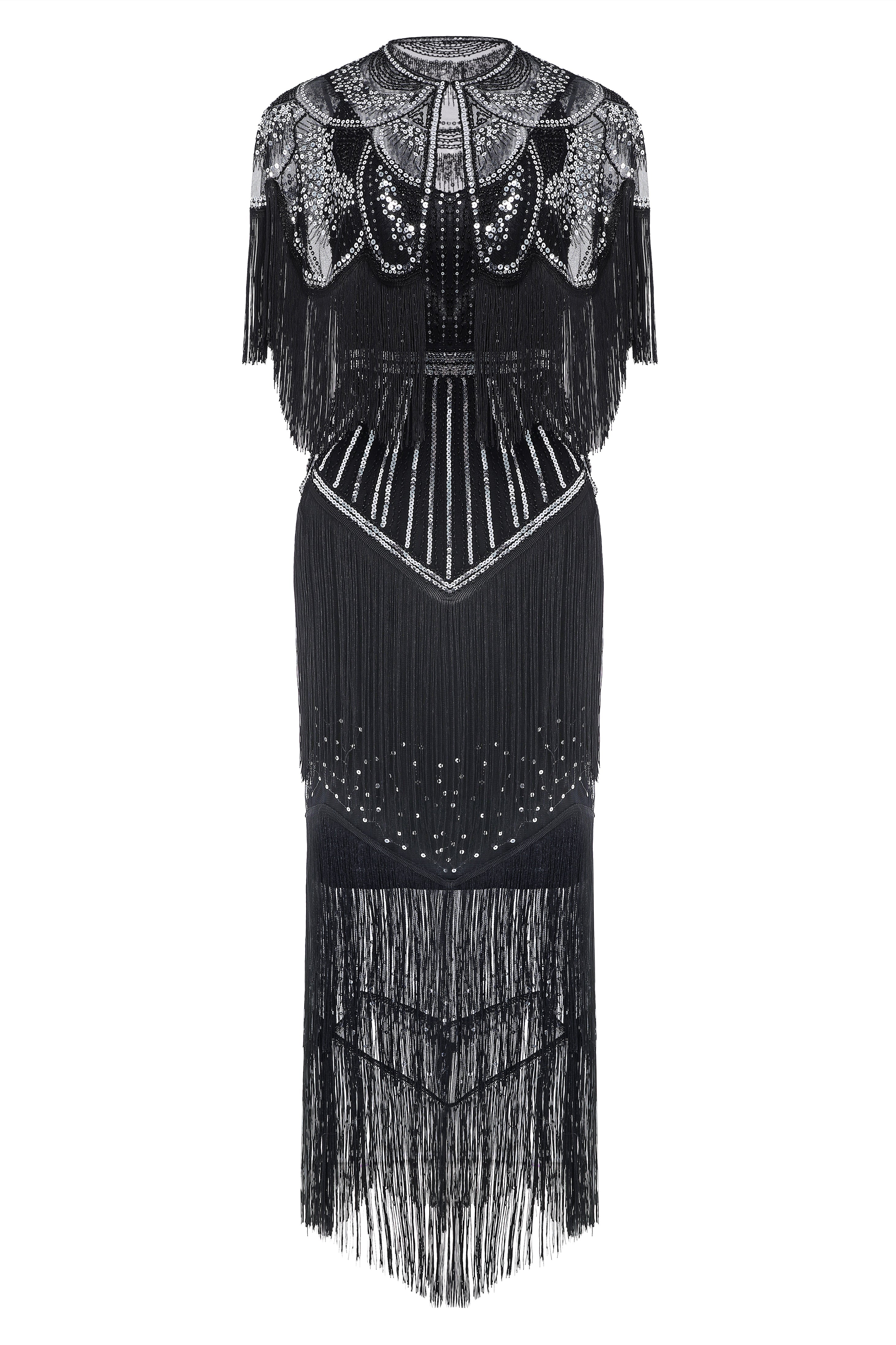 Strap V Neck Sequin Dress With Shawl | Blacksilver | 1