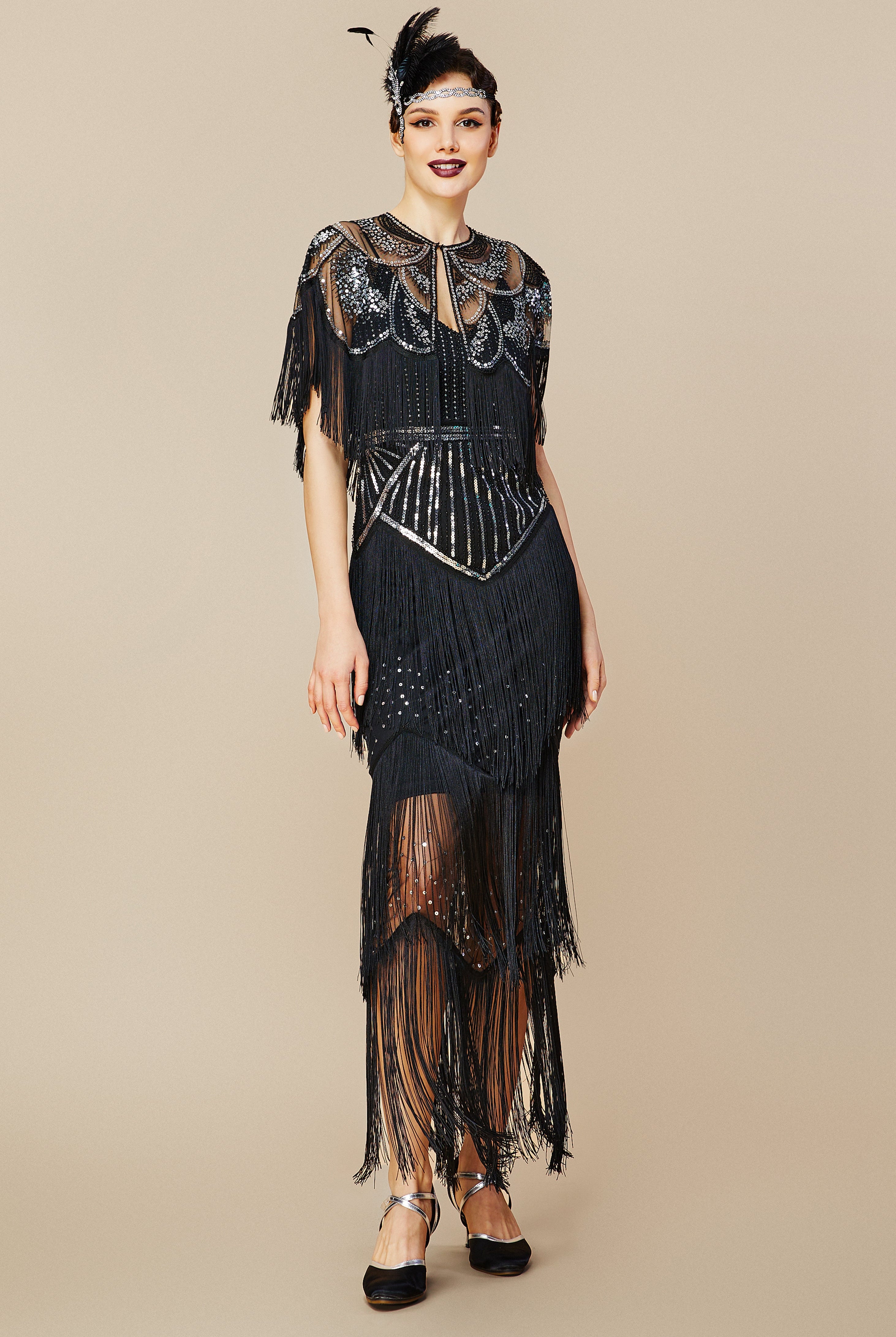 Strap V Neck Sequin Dress With Shawl | Blacksilver | 2