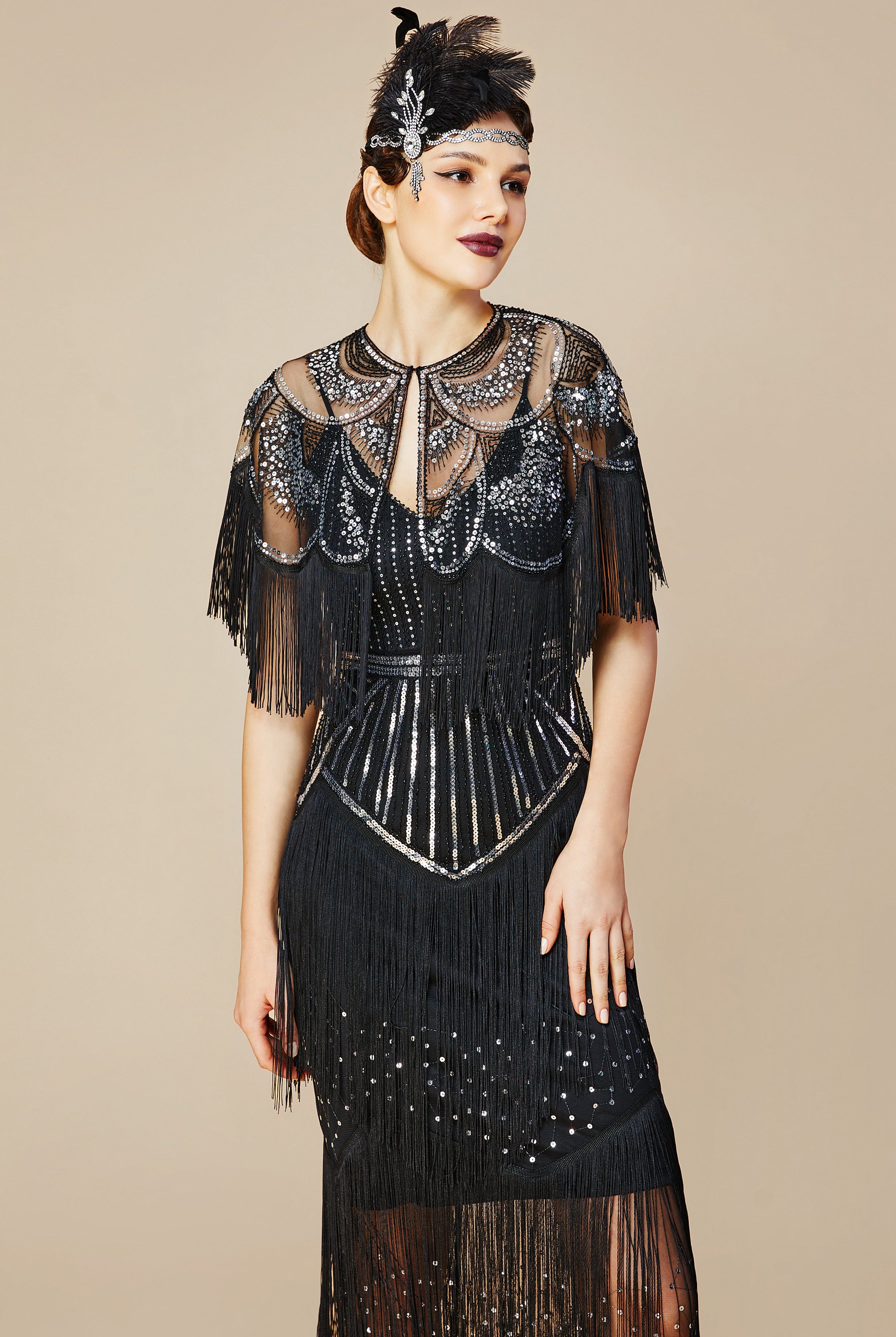 Strap V Neck Sequin Dress With Shawl | Blacksilver | 4