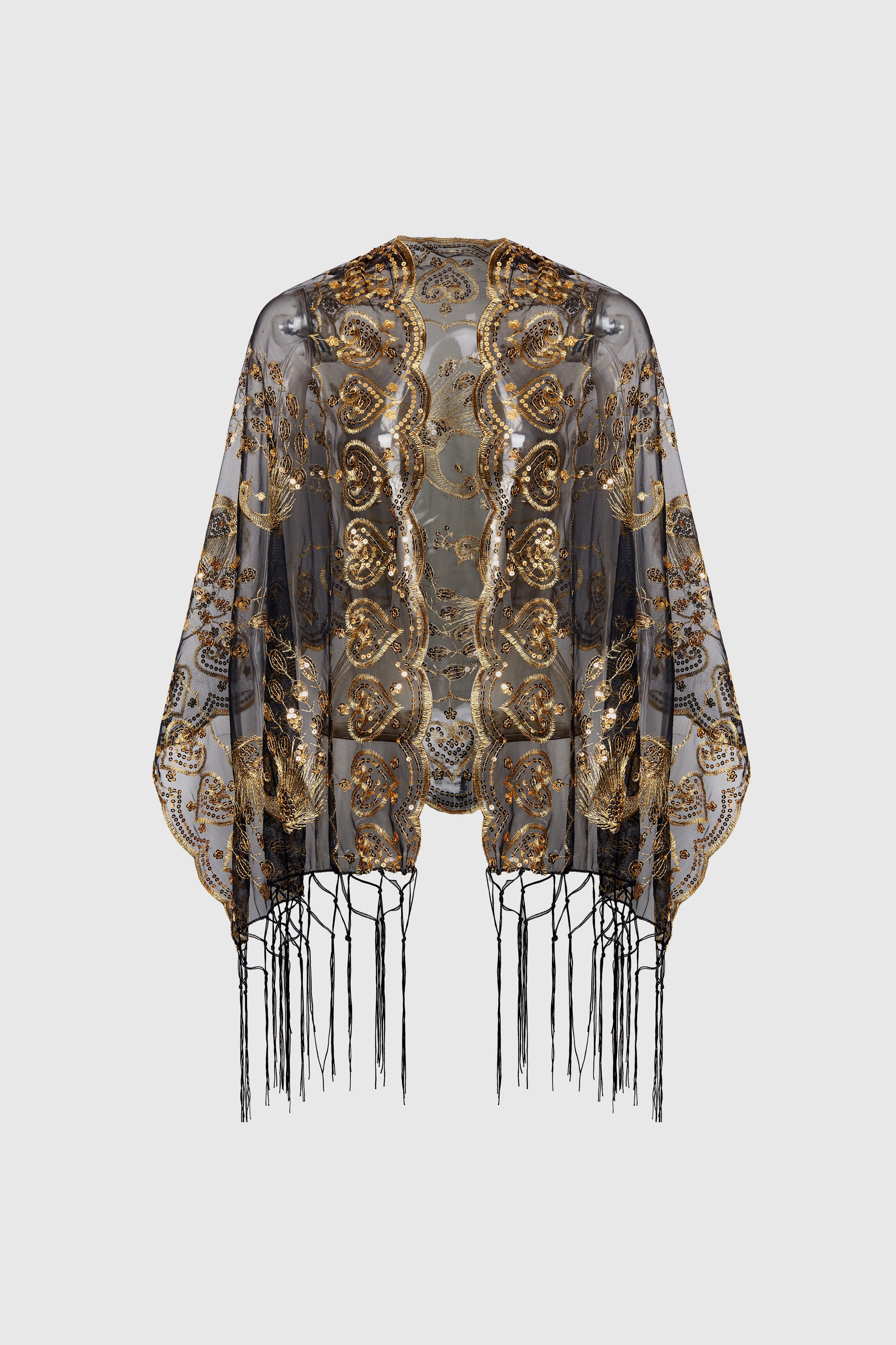 1920s Embroidered Sequin Peacock Shawl | Goldblack | 1