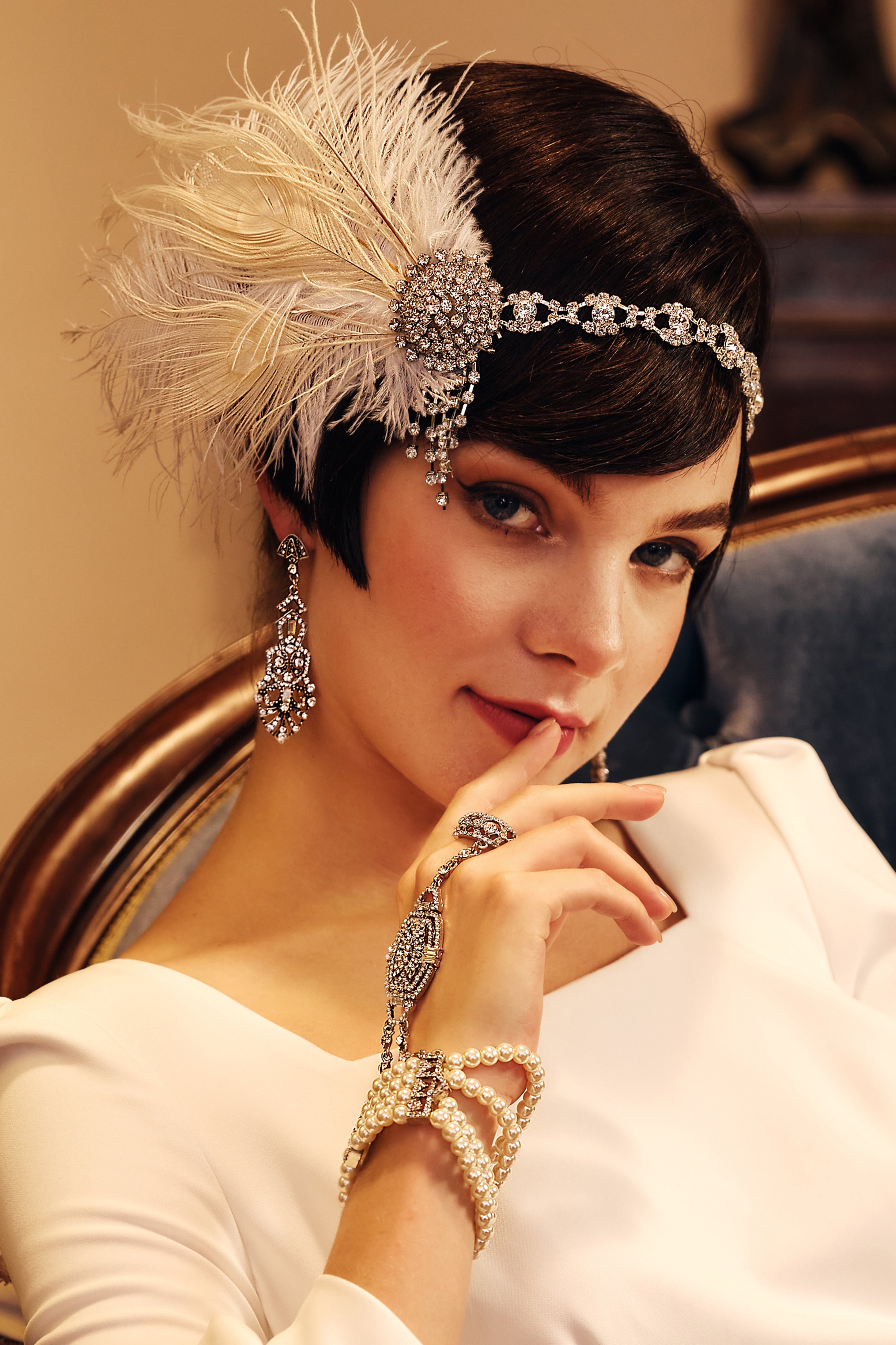 Rhinestone Chain Feather Headpiece | White | 6
