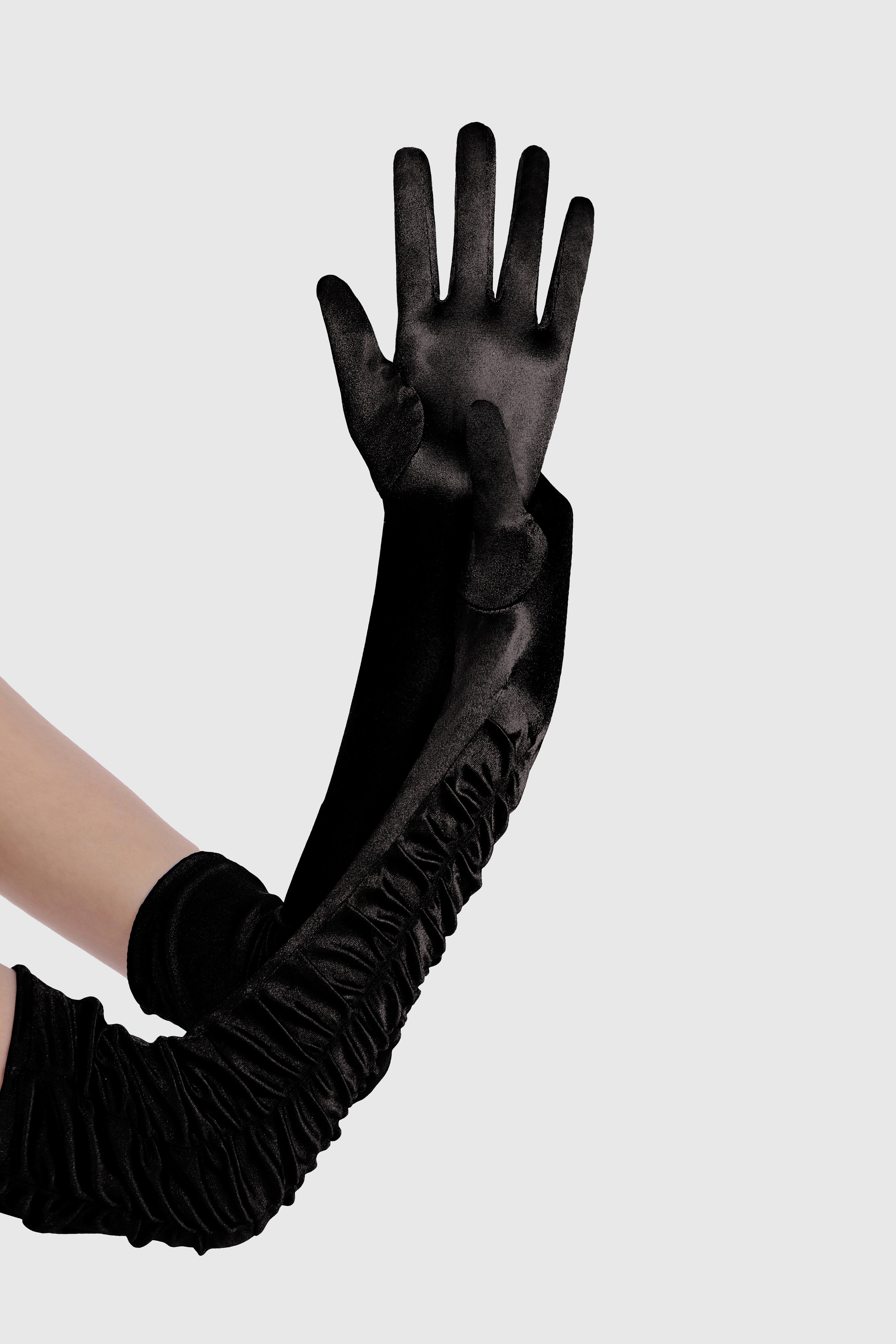 20.5" Wave Pleated Satin Stretchy Gloves | Black | 1