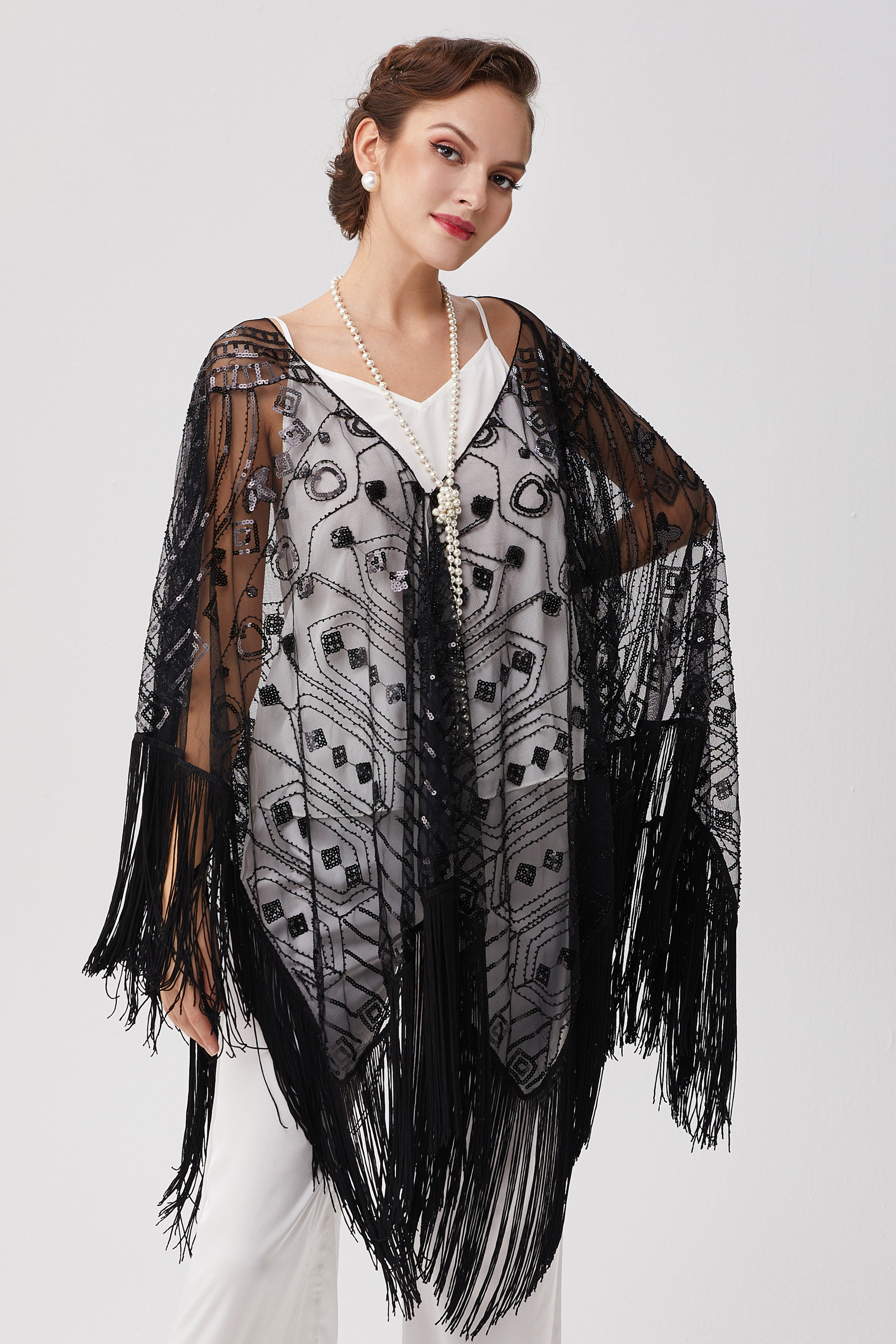 1920s Knee Length Fringed Shawl | Black | 17