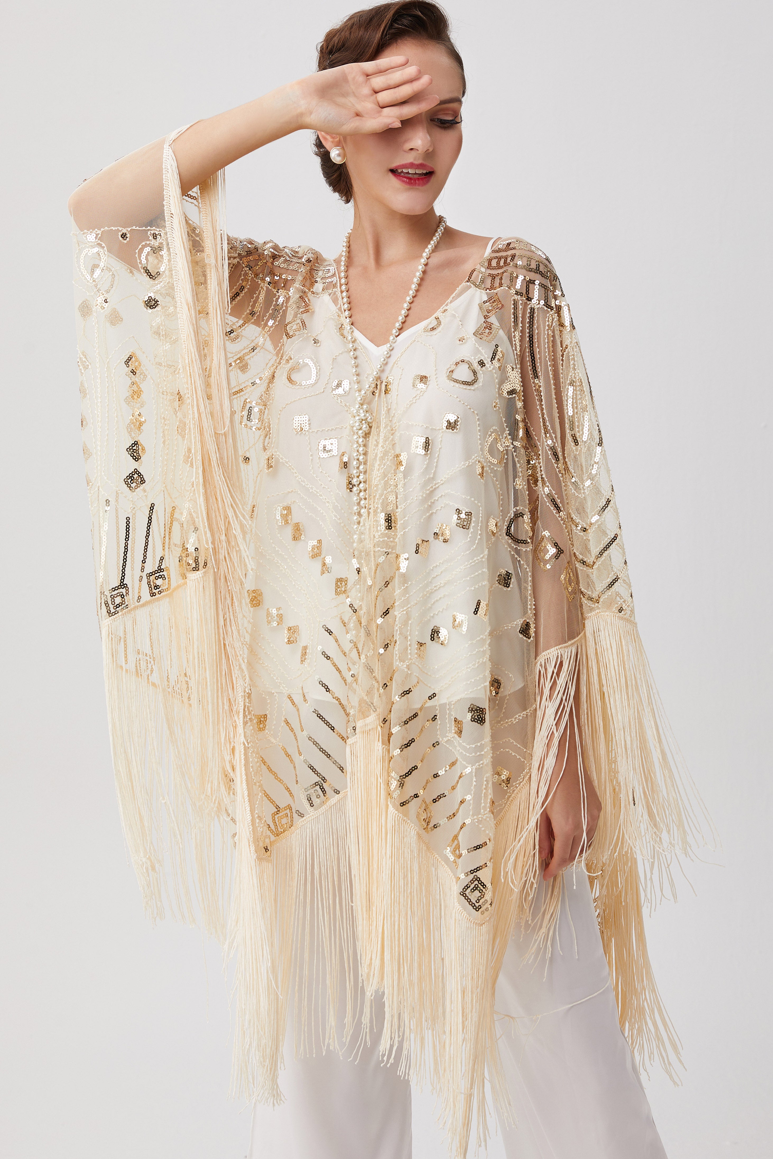1920s Knee Length Fringed Shawl | Cream | 8