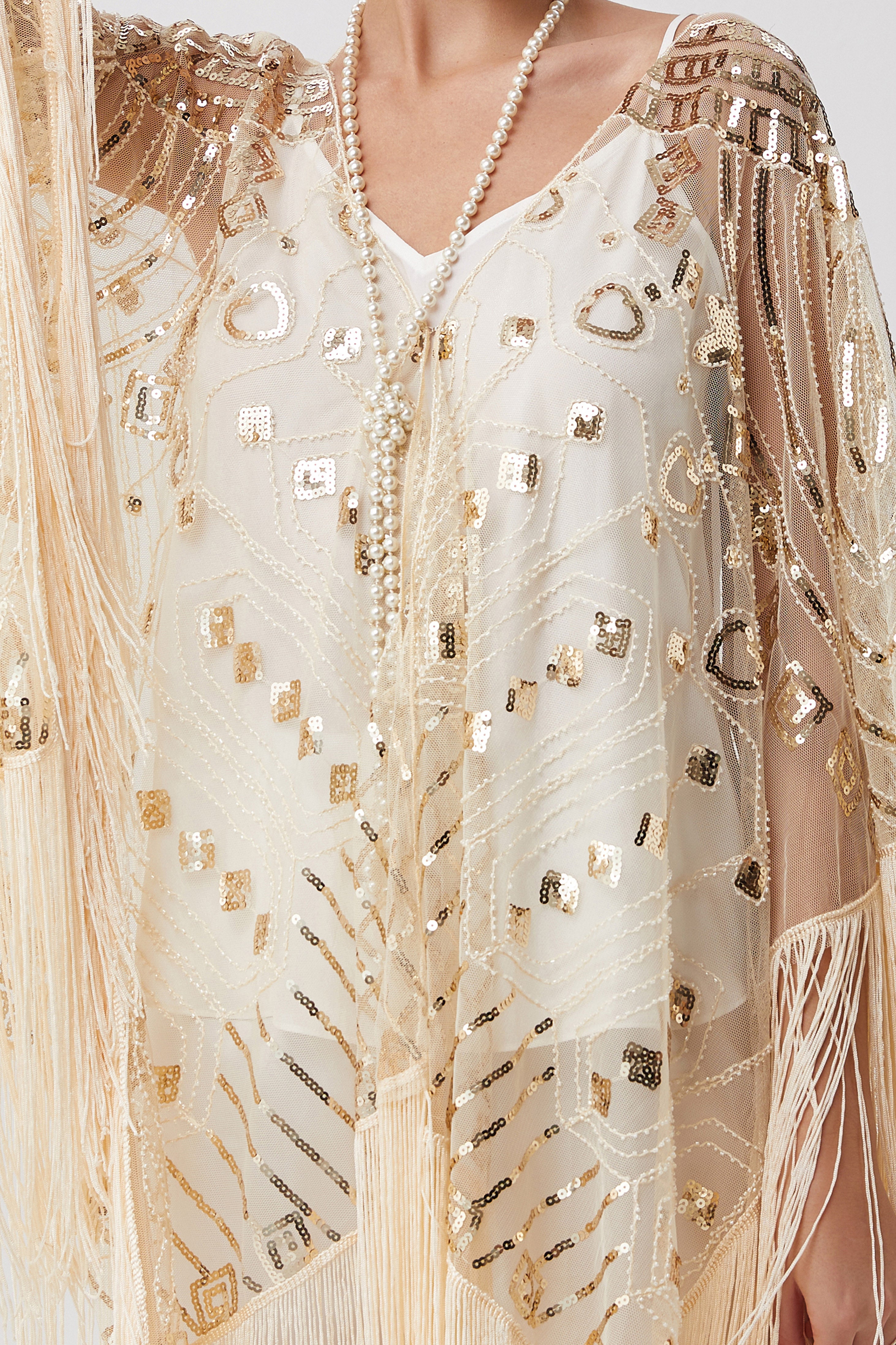 1920s Knee Length Fringed Shawl | Cream | 9