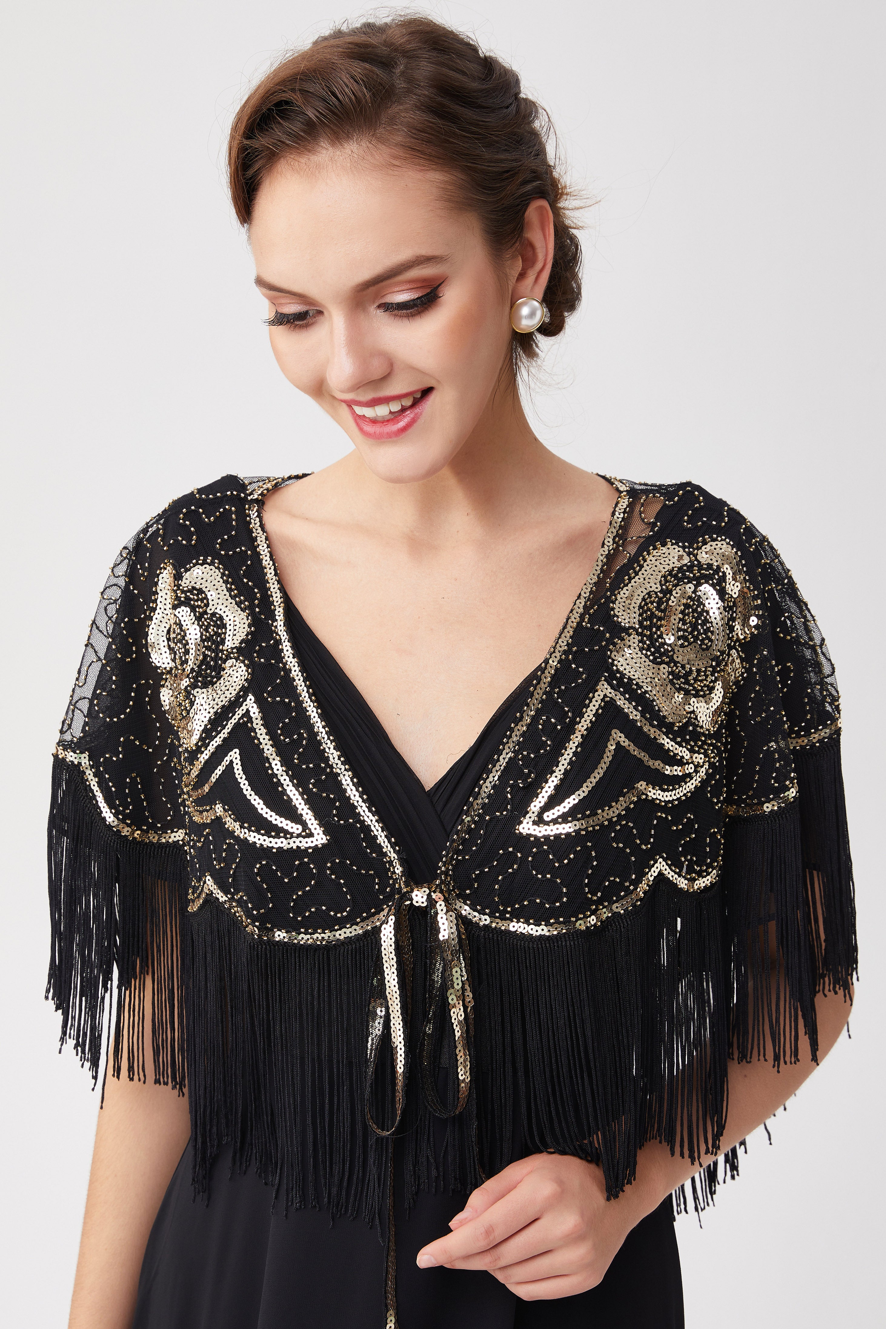 1920s Beaded Sequin Gatsby Shawl | Black/Gold | 18