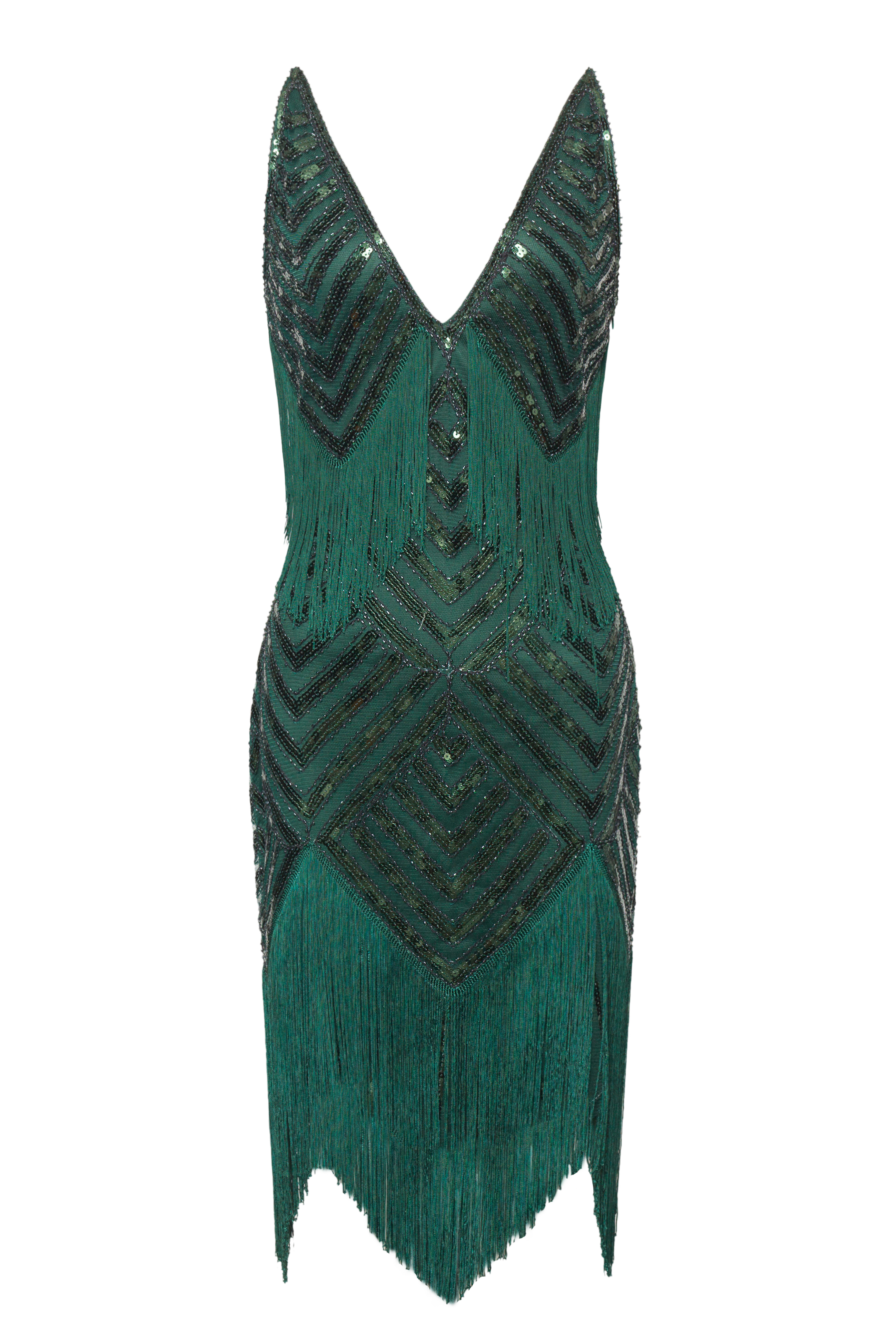 Beaded Sequin V-Neck Mini Slip Dress | Dark Green | 2