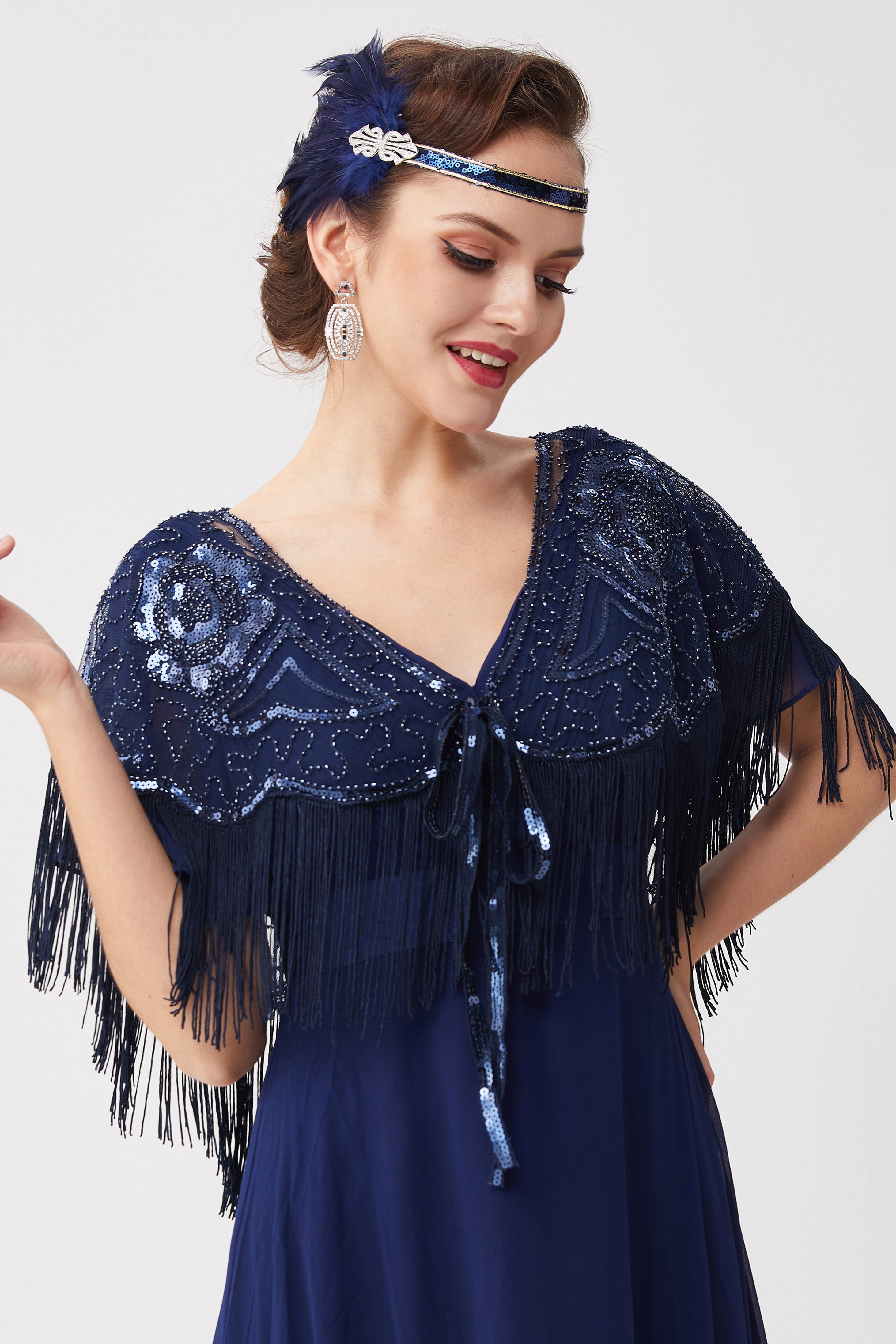 1920s Beaded Sequin Gatsby Shawl | Black/Medium Blue | 12