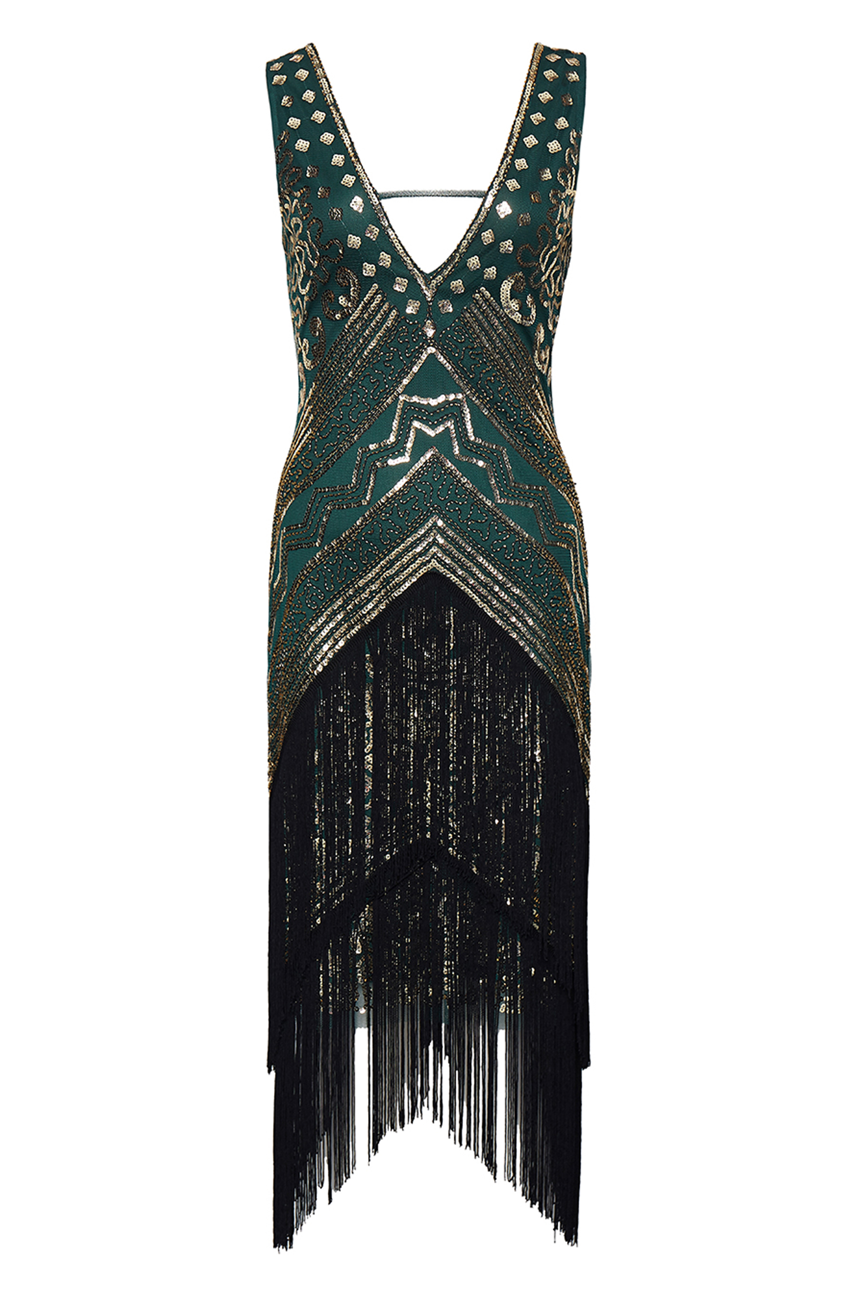 Rolling 20s Deep V-Neck Prom Dress | Dark Green/Gold | 2