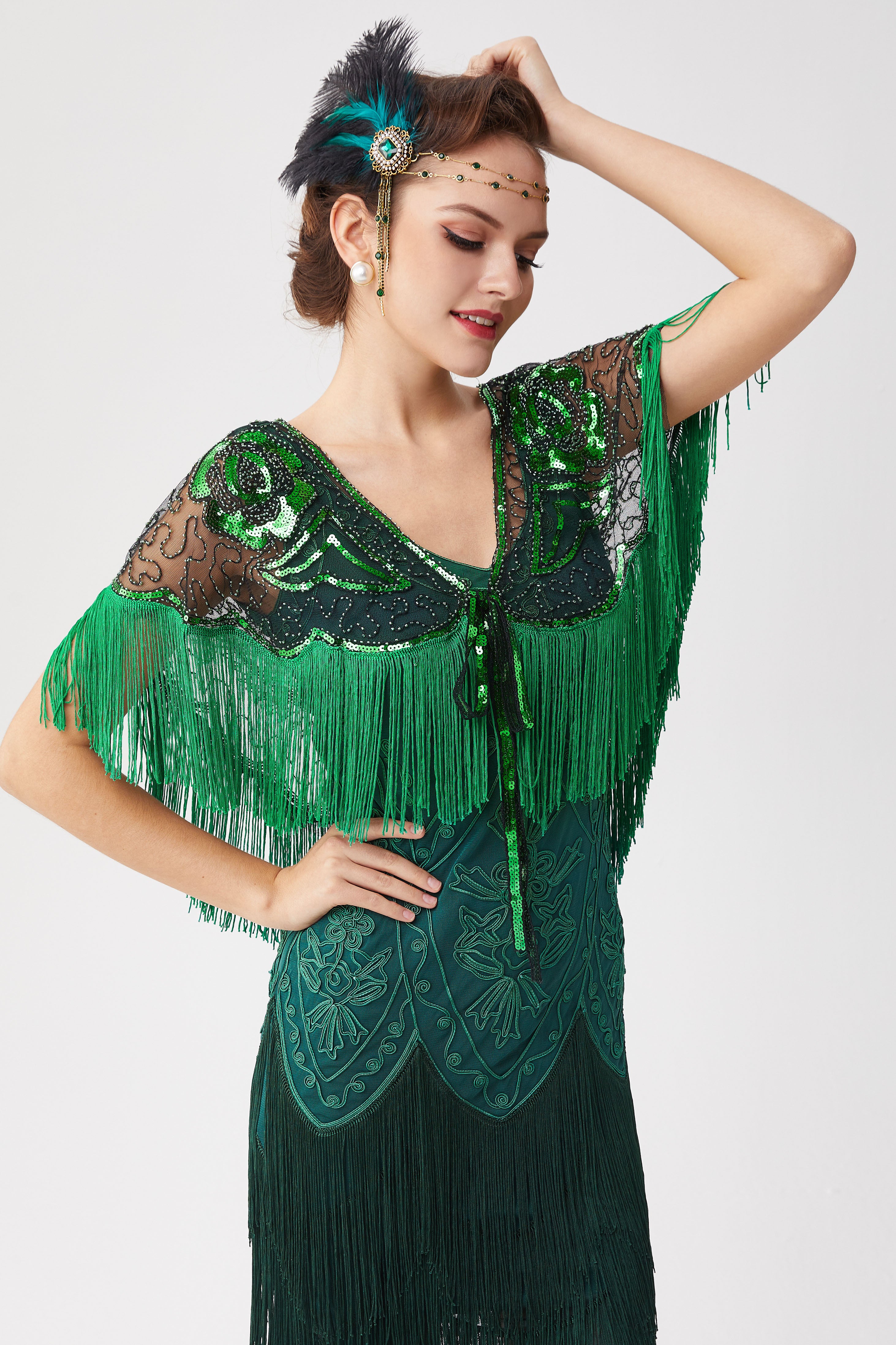 1920s Beaded Sequin Gatsby Shawl | Black/Irish Green | 8