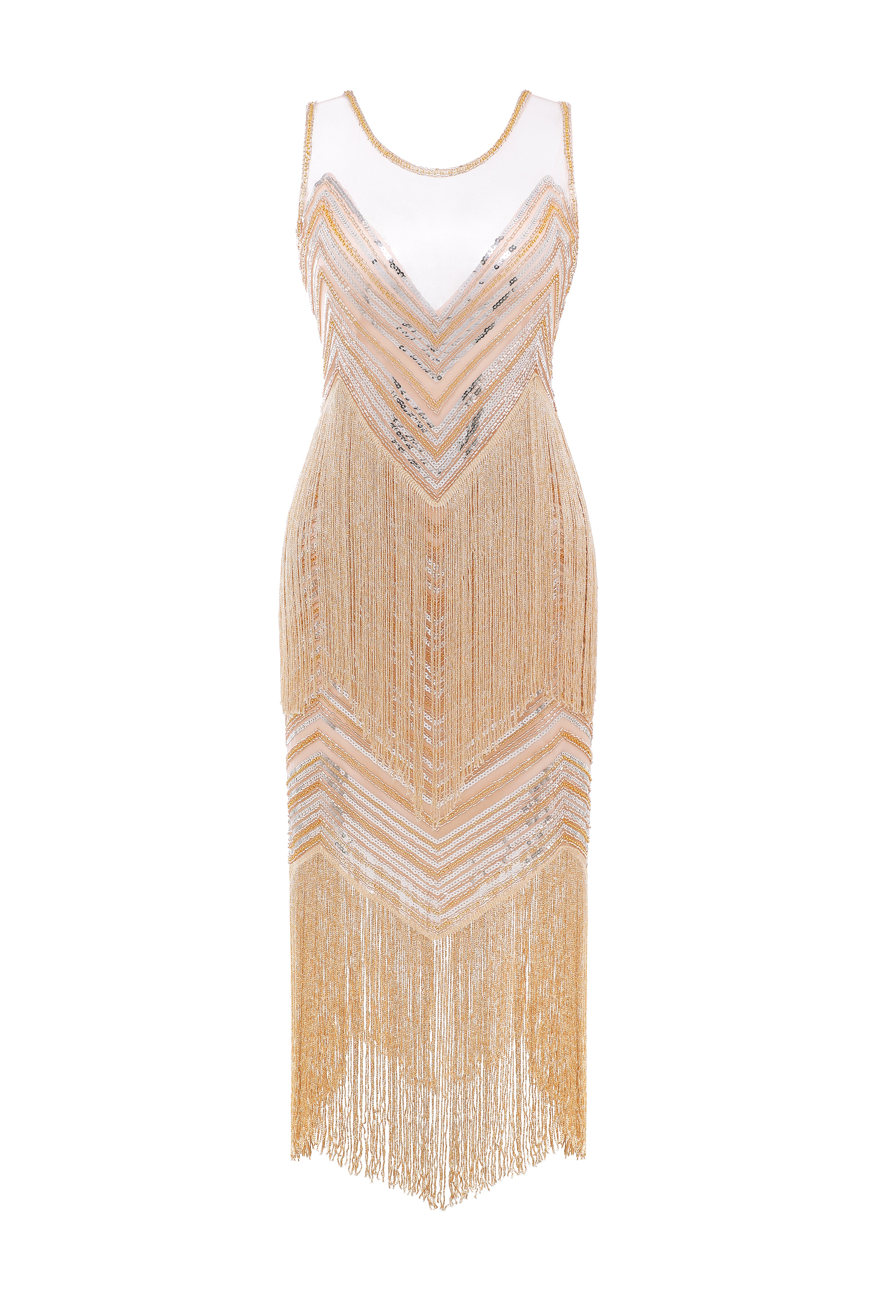 Embroidered Sequin Flapper Tassel Dress | Champagne | 3