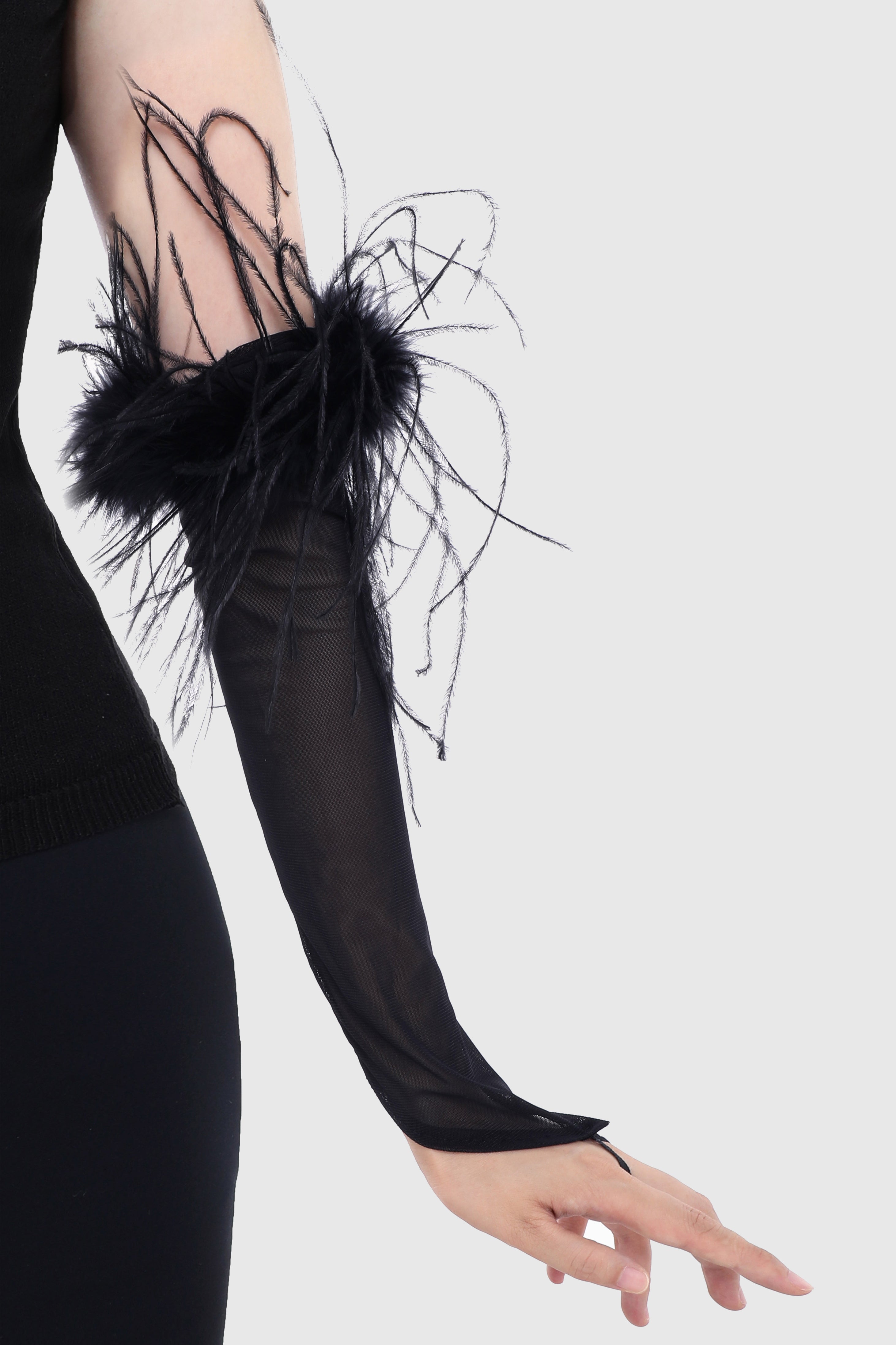 19'' Finger Loop Satin Feather Gloves | Black | 2
