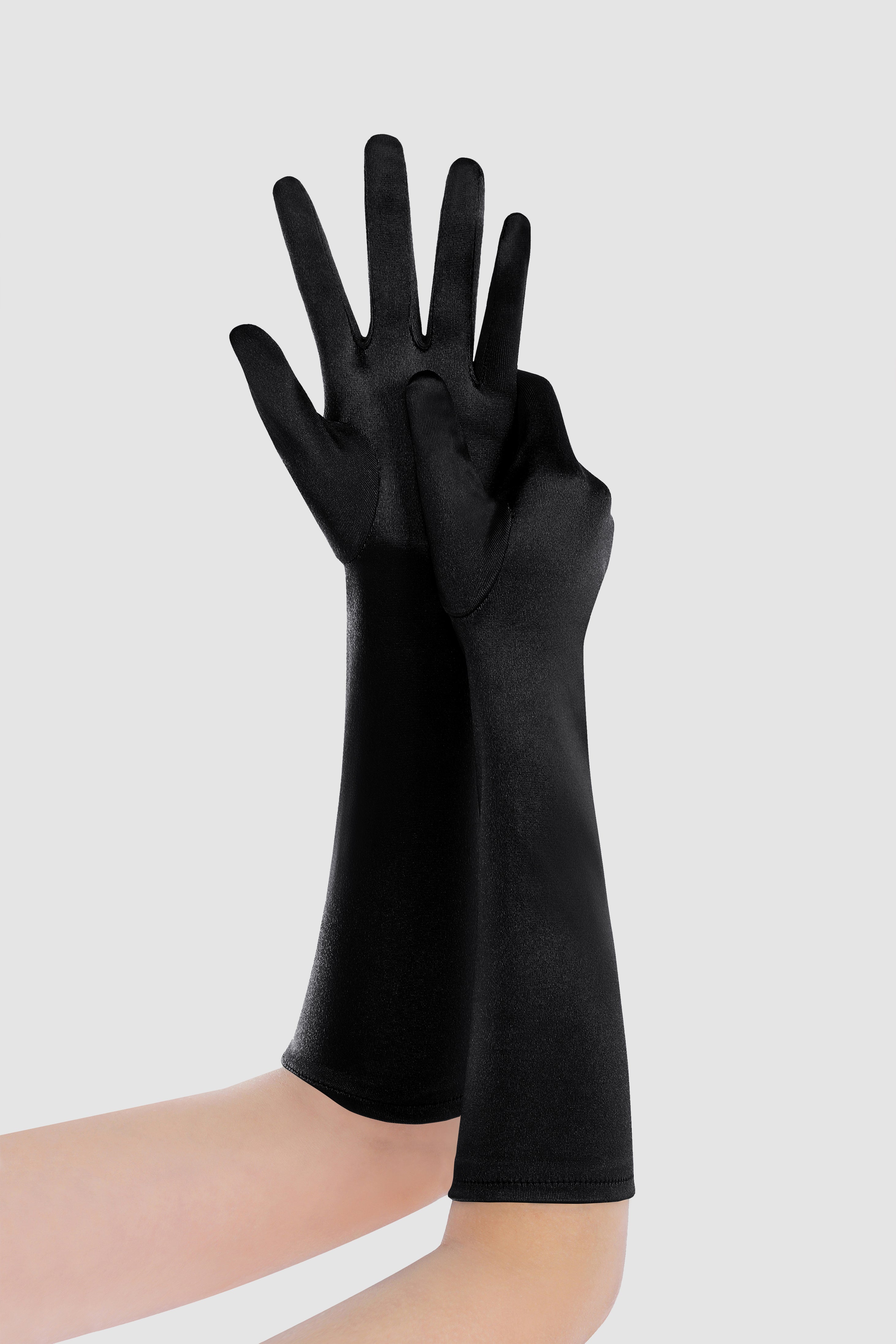 15" Long Stretchy Satin Flapper Gloves | Black | 1