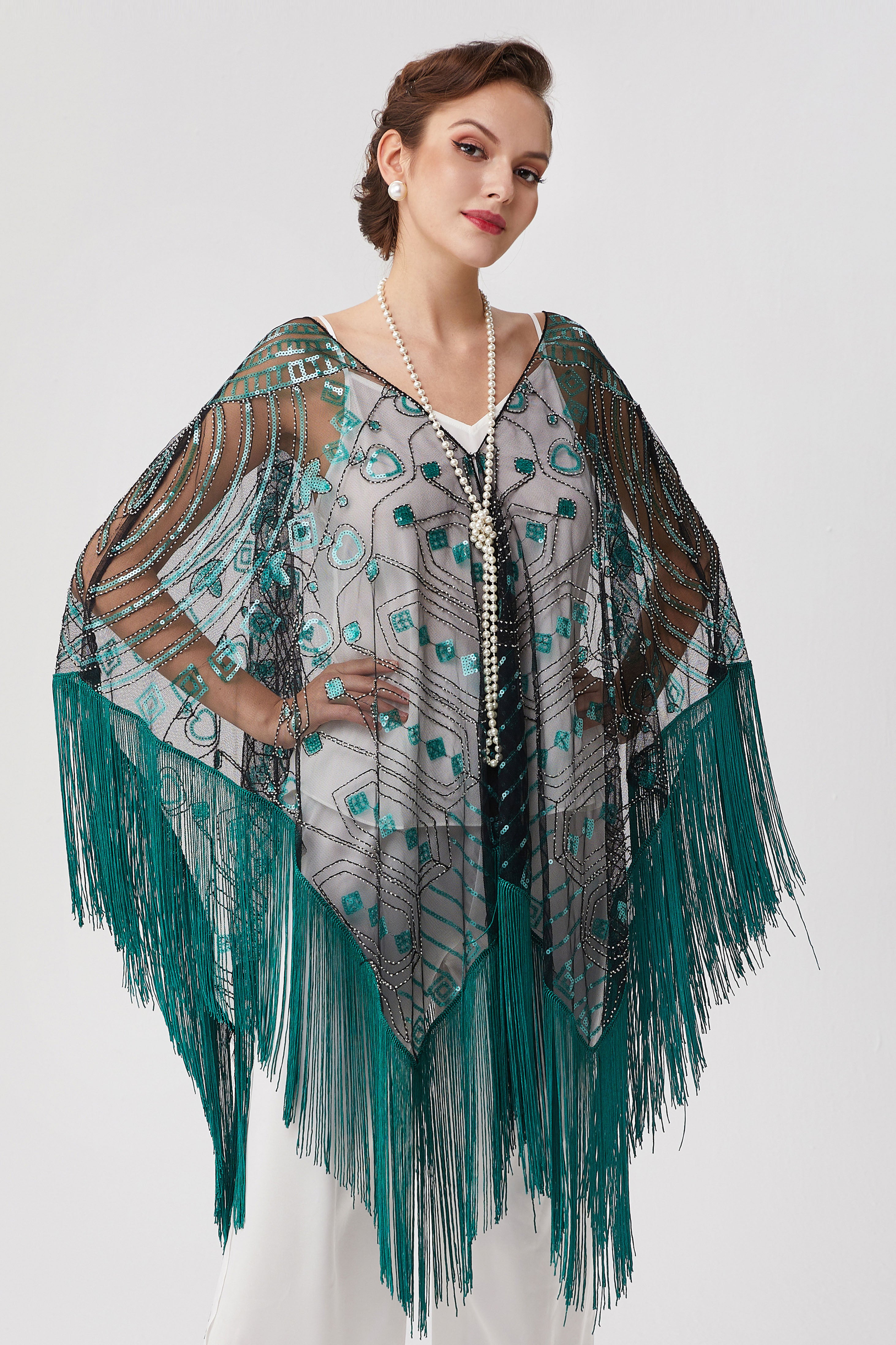 1920s Knee Length Fringed Shawl | Black/Turquoise | 2