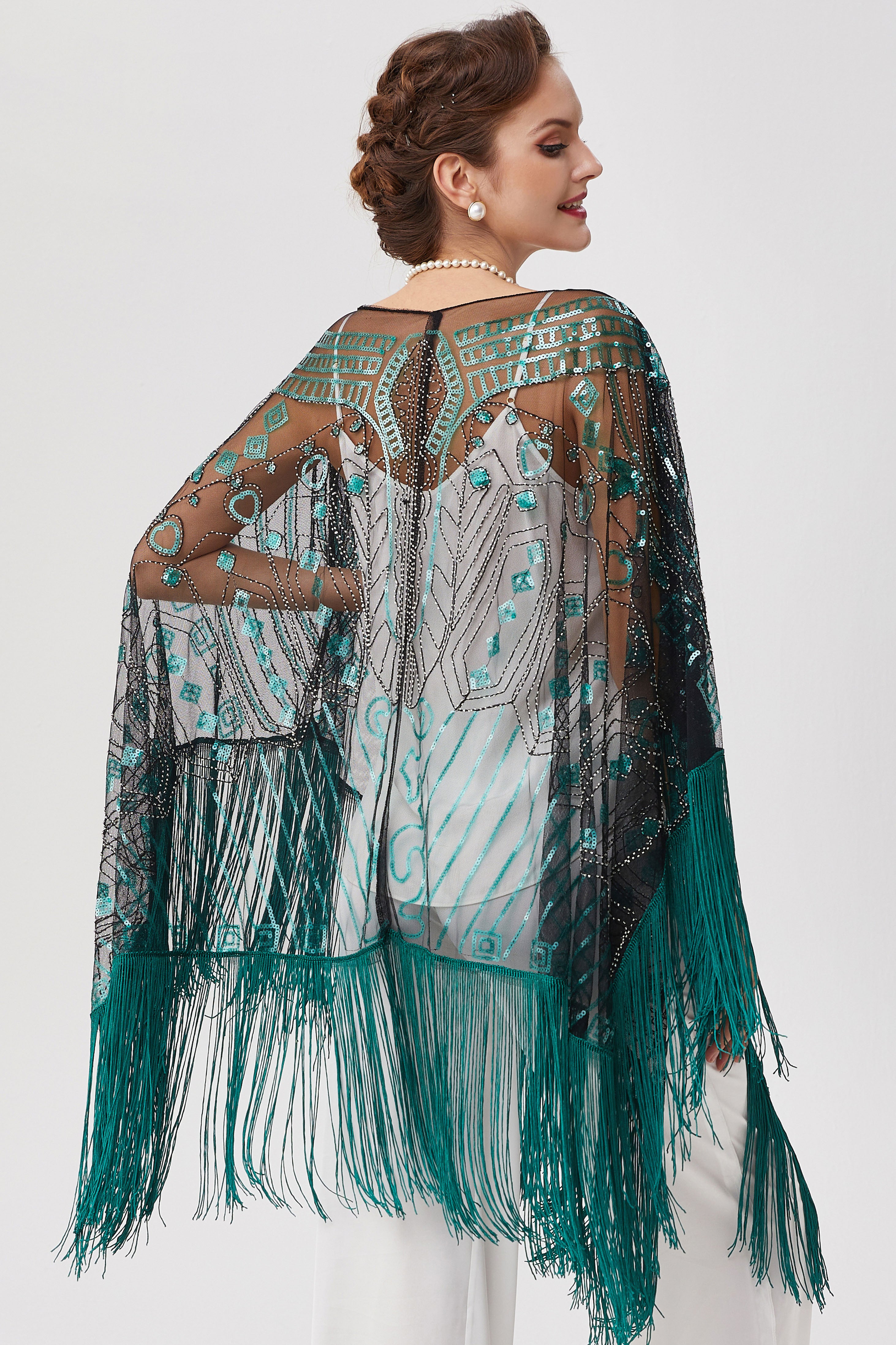 1920s Knee Length Fringed Shawl | Black/Turquoise | 5