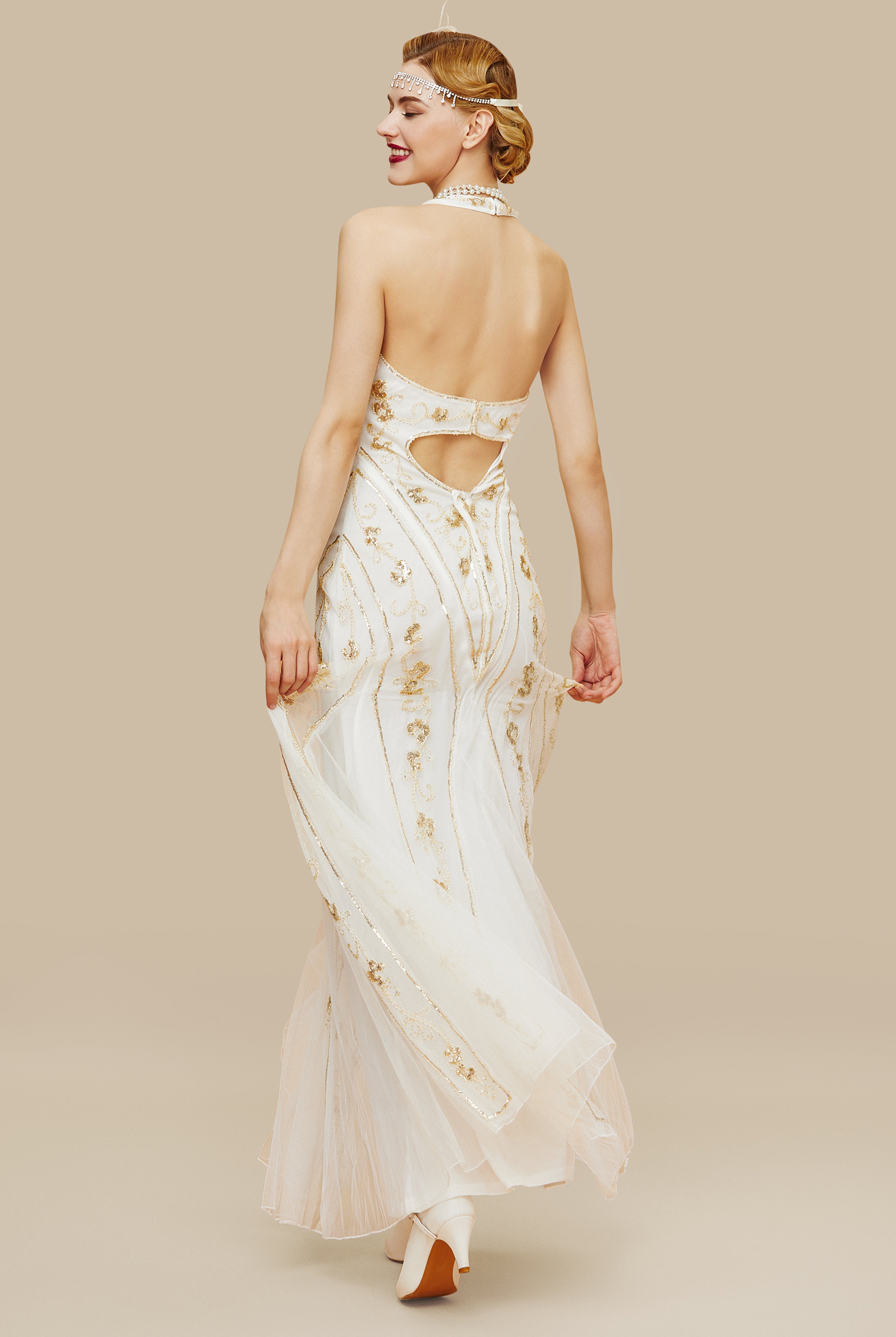 Halter Neck Sequin Mermaid Maxi Dress | White | 5