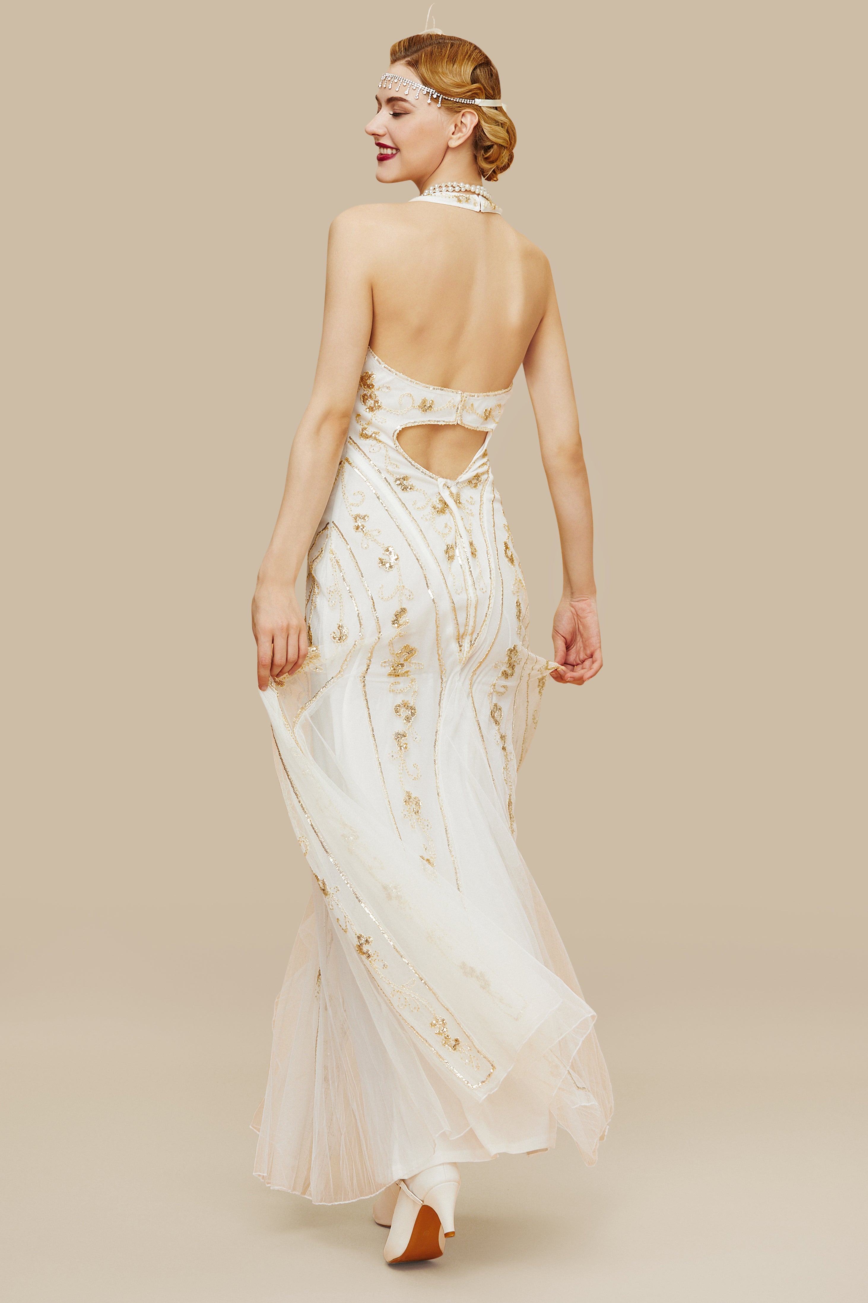 Halter Neck Sequin Mermaid Maxi Dress | White | 5