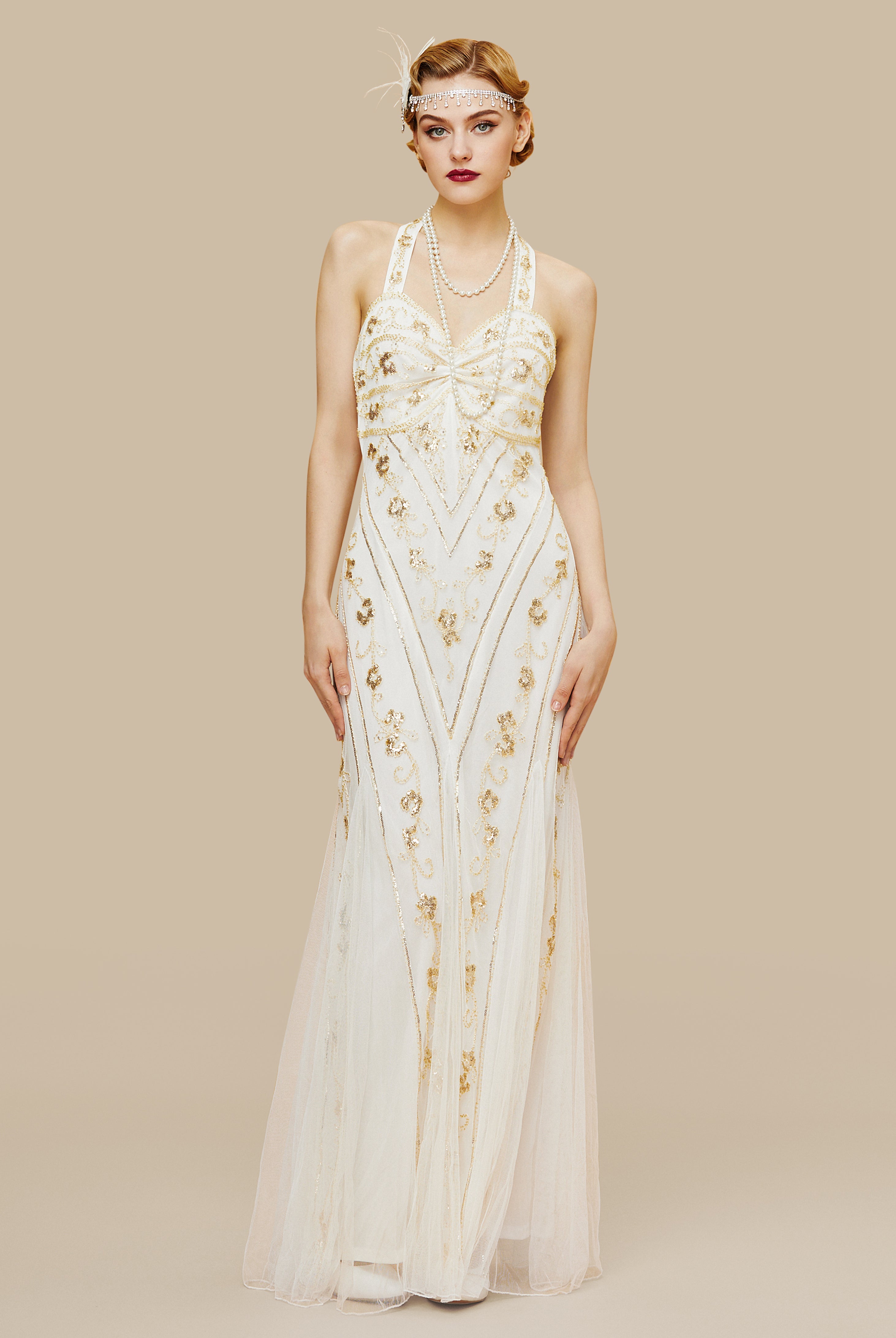 Halter Neck Sequin Mermaid Maxi Dress | White | 1