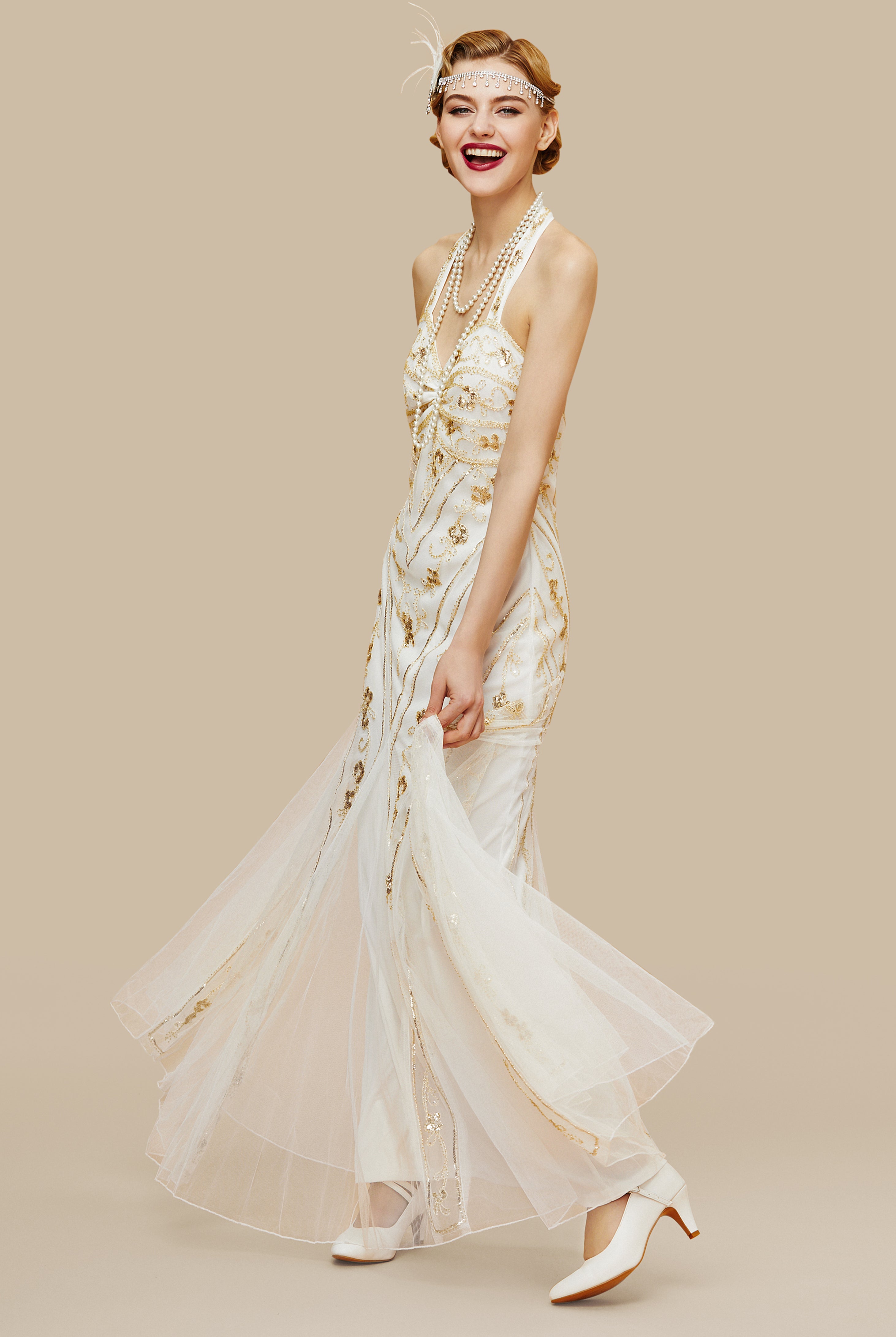 Halter Neck Sequin Mermaid Maxi Dress | White | 4