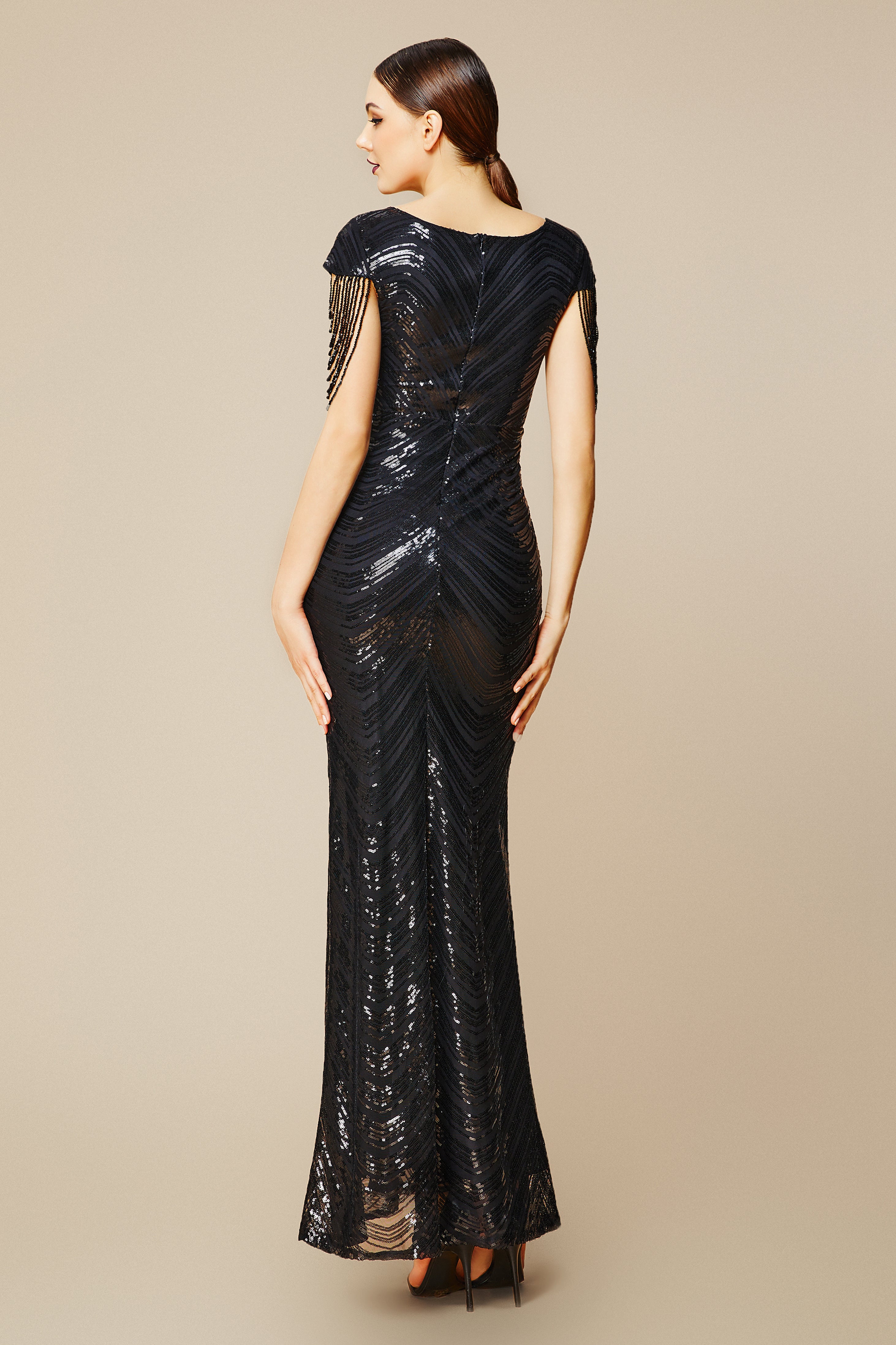 Sheer Scoop Neck Iridescent Sequin Dress | Black | 4