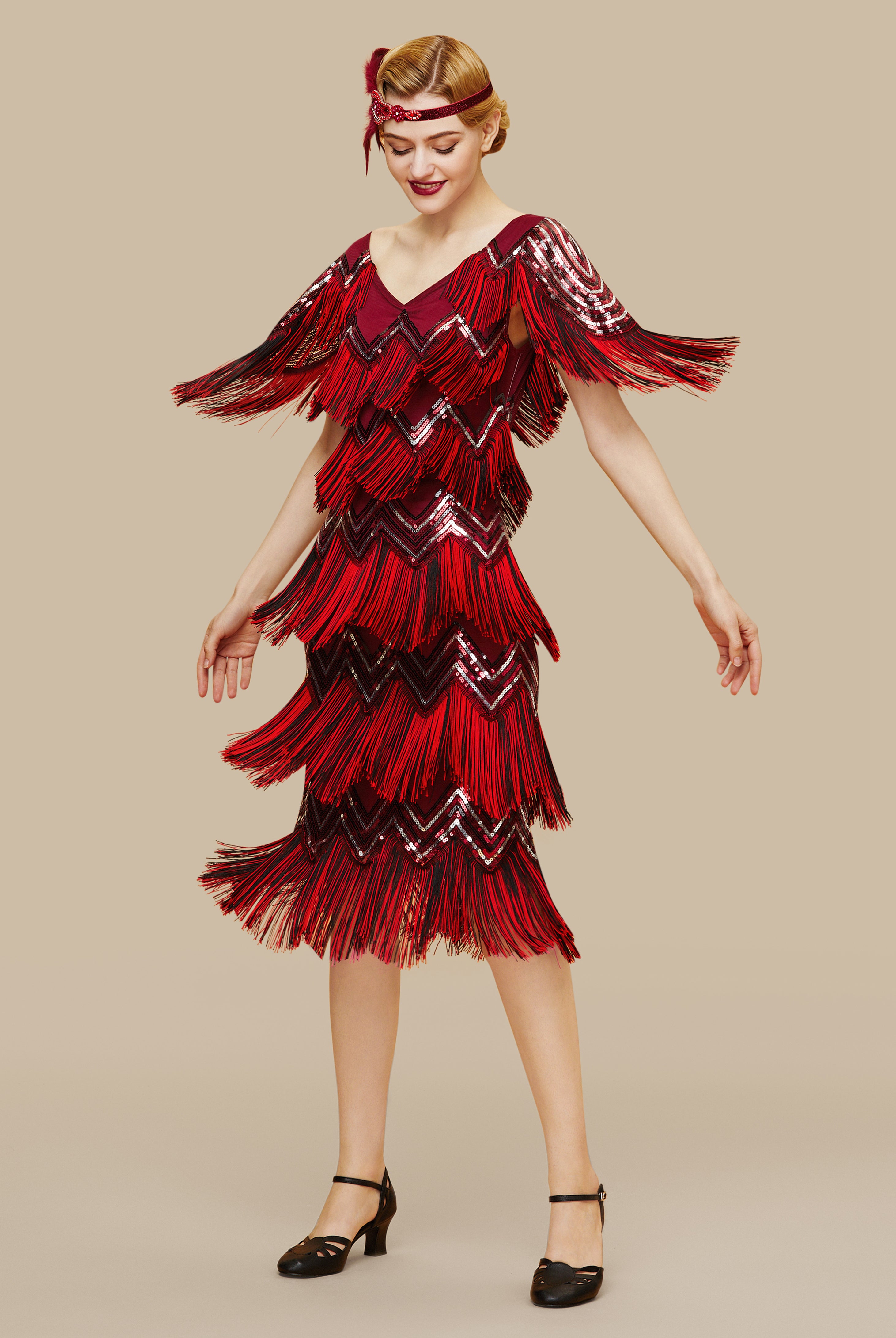 Shimmering Tiered Fringe Sequin Dress | Red | 3