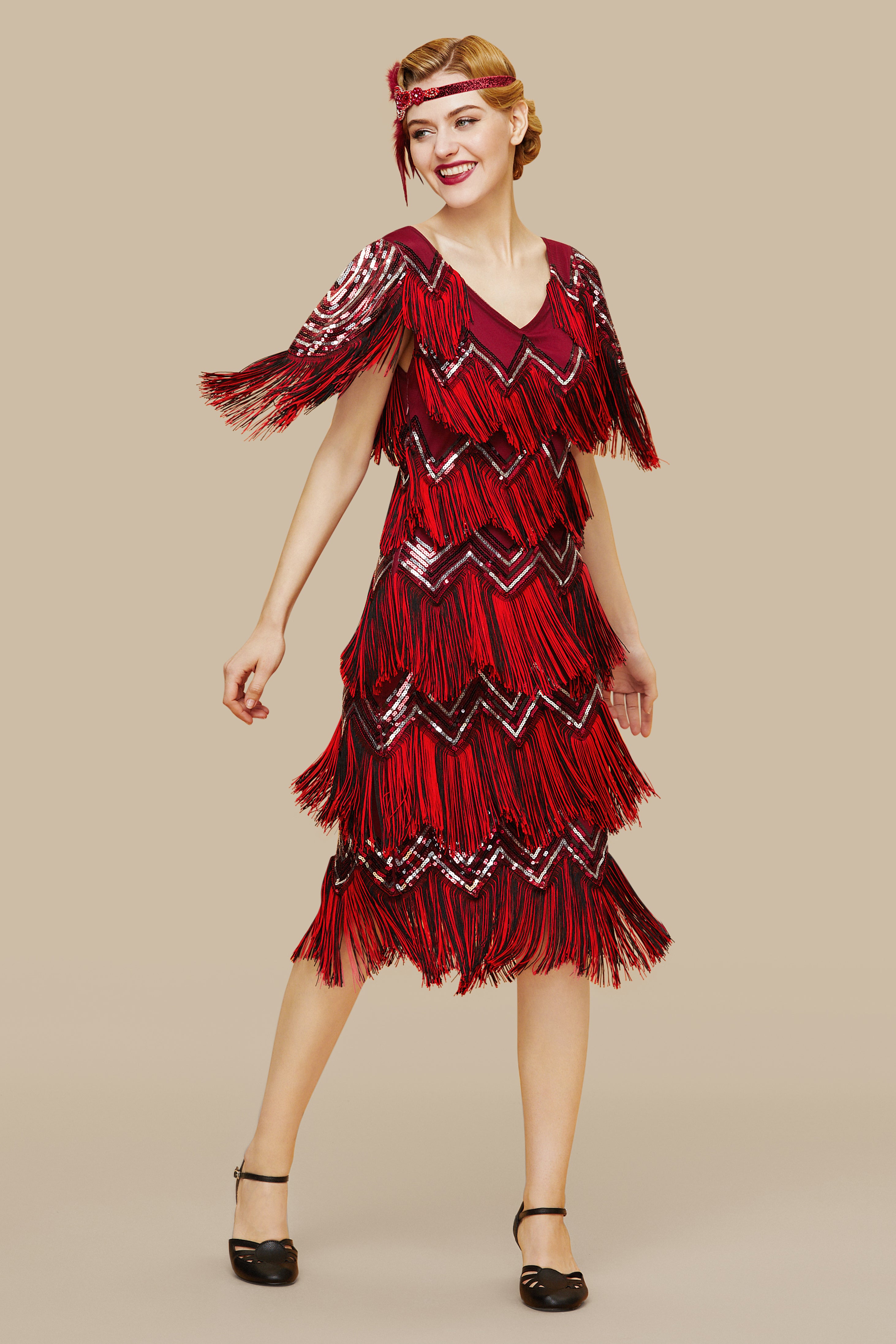 Shimmering Tiered Fringe Sequin Dress | Red | 1