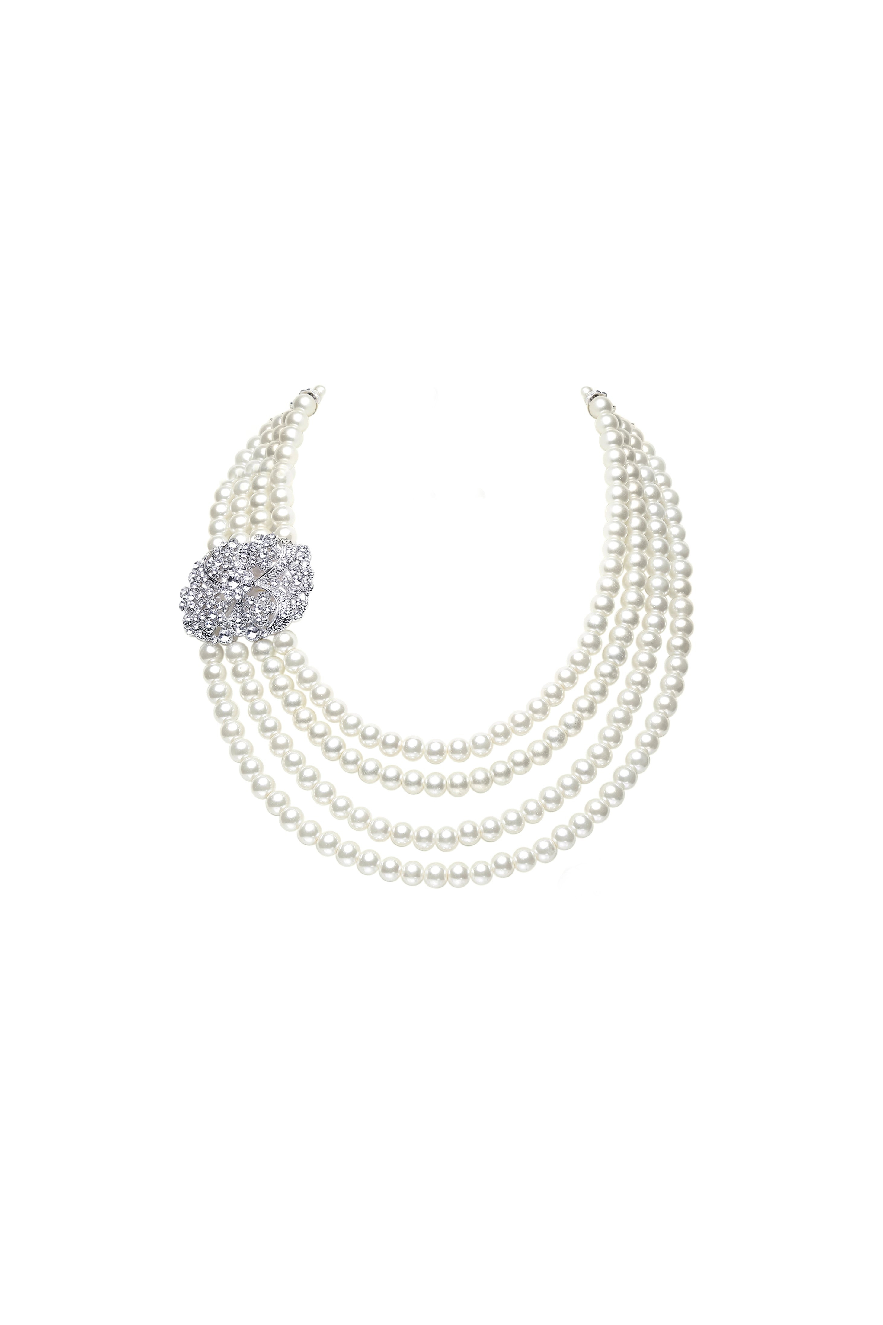 Shiny Layered Pearl Rhinestone Necklace Set | White | 2