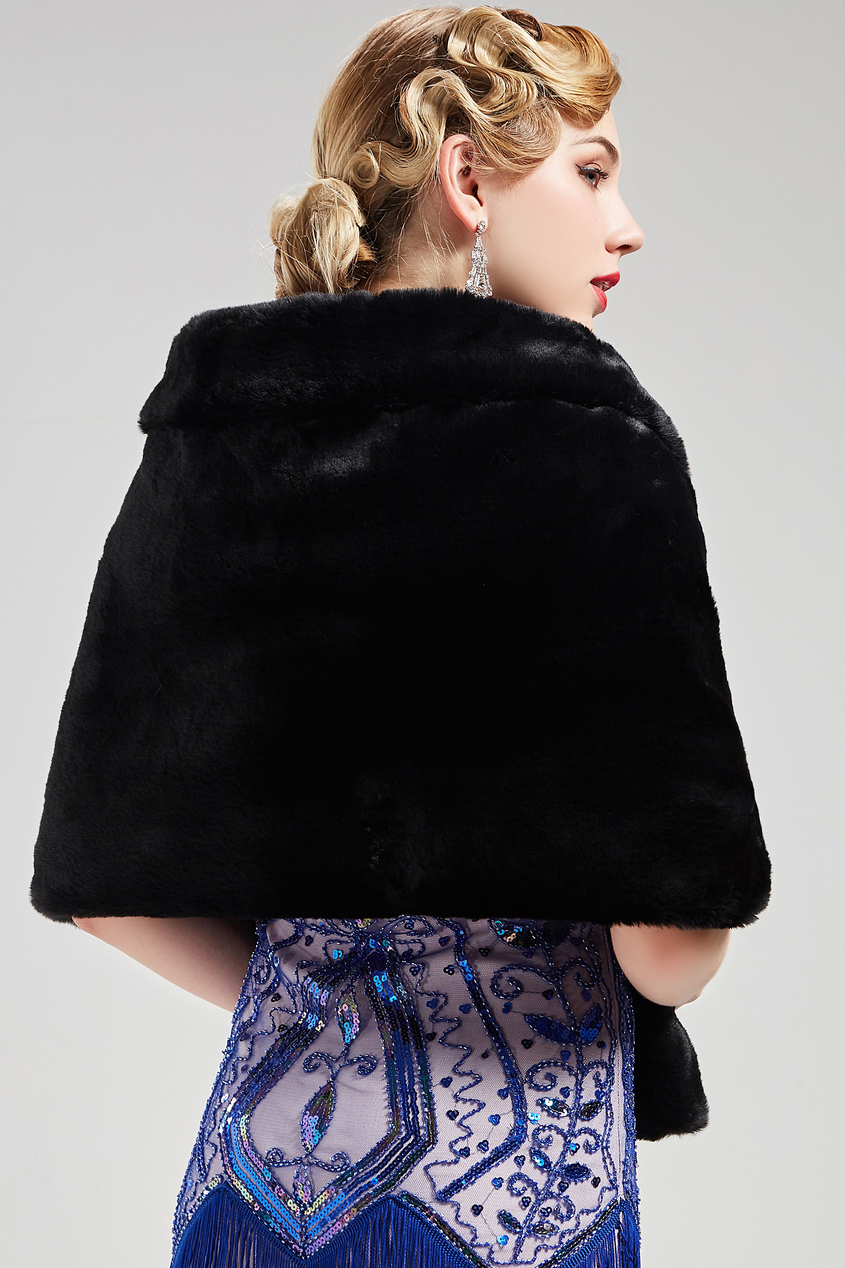 1920s Faux Fur Scarf Wrap Evening Cape | Black | 3