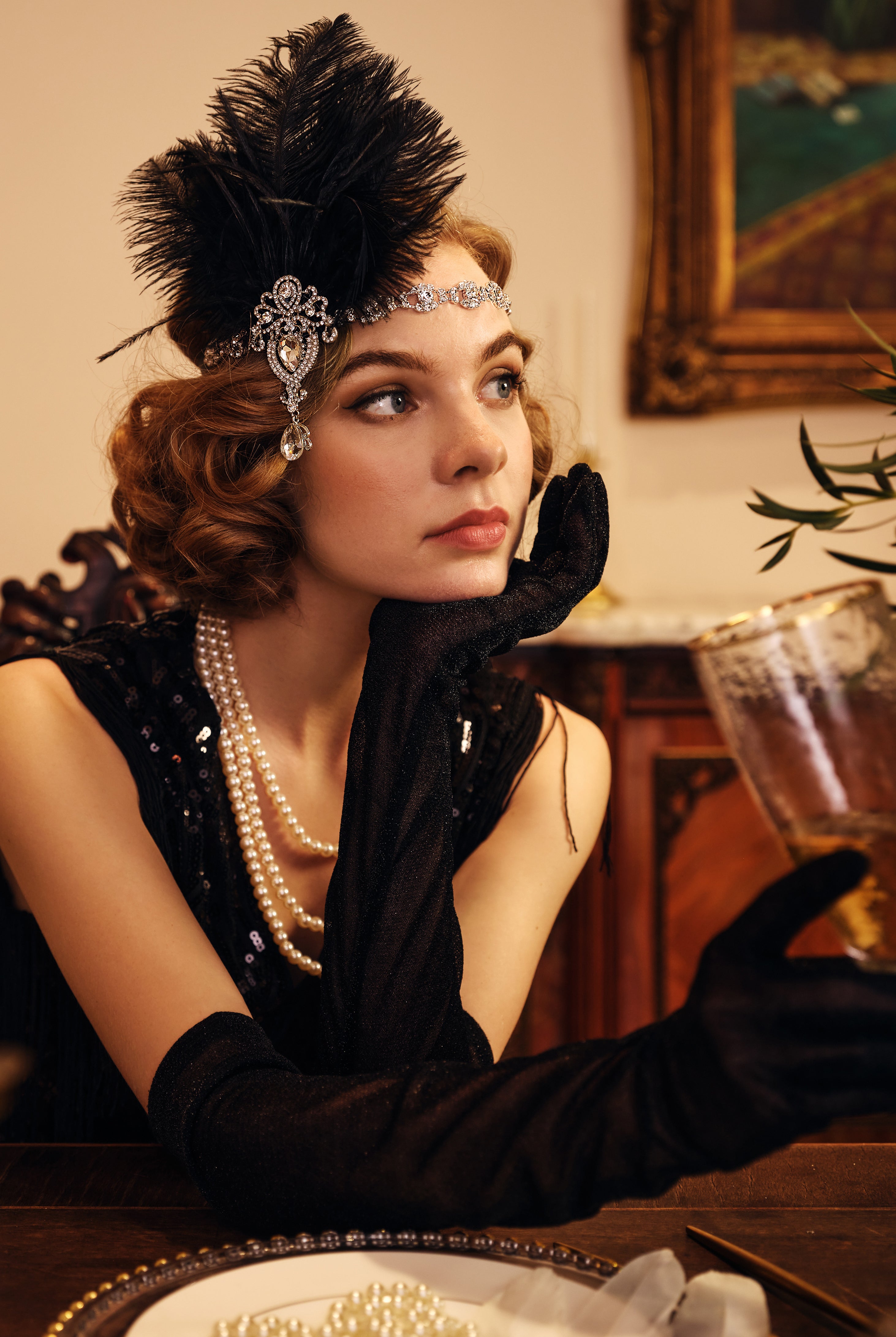 20.5" Glitter Mesh Elbow Length Gloves | Black | 6