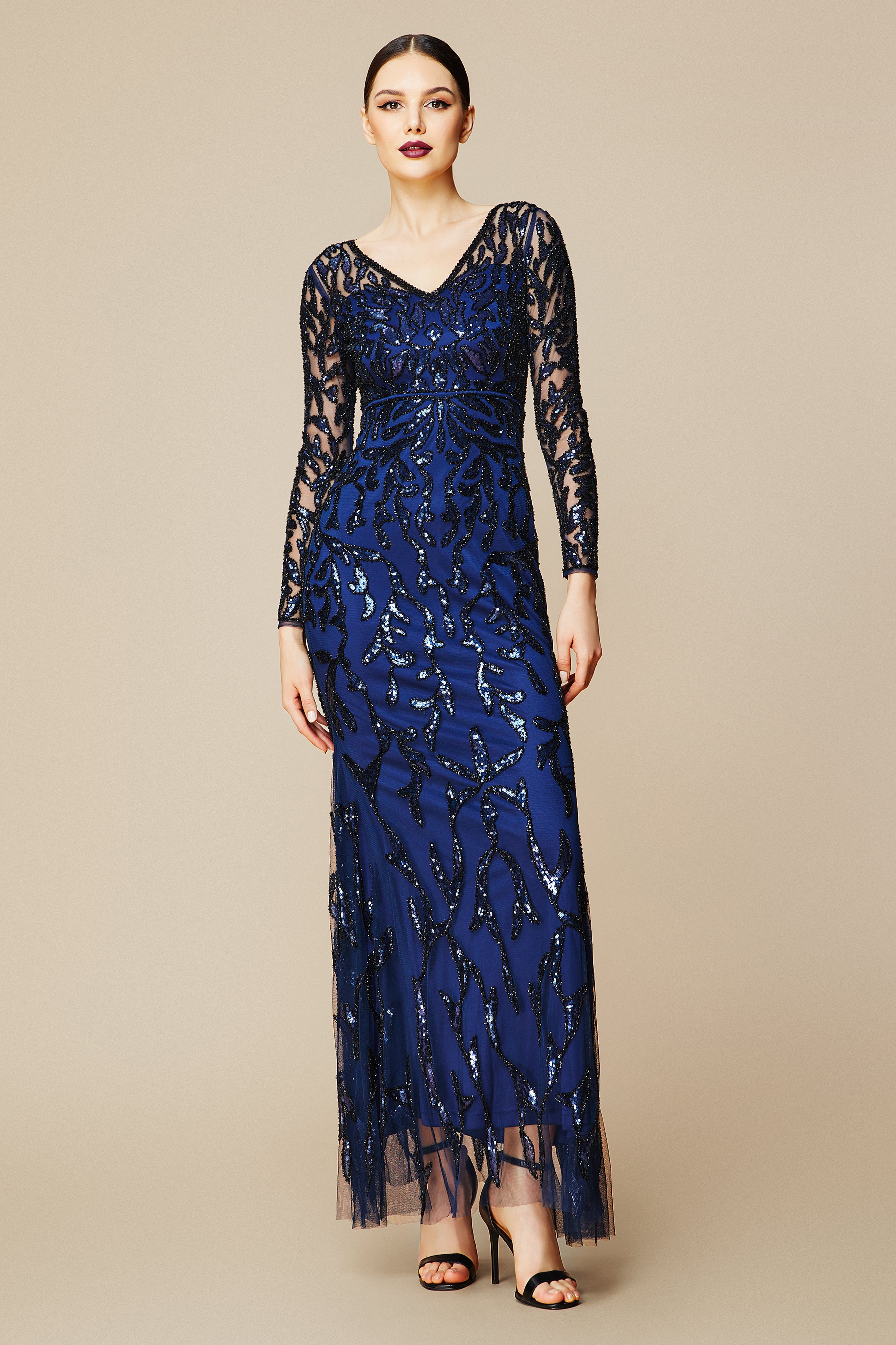 V Neck Sequin Bodycon Fitted Dress | Navyblue | 1