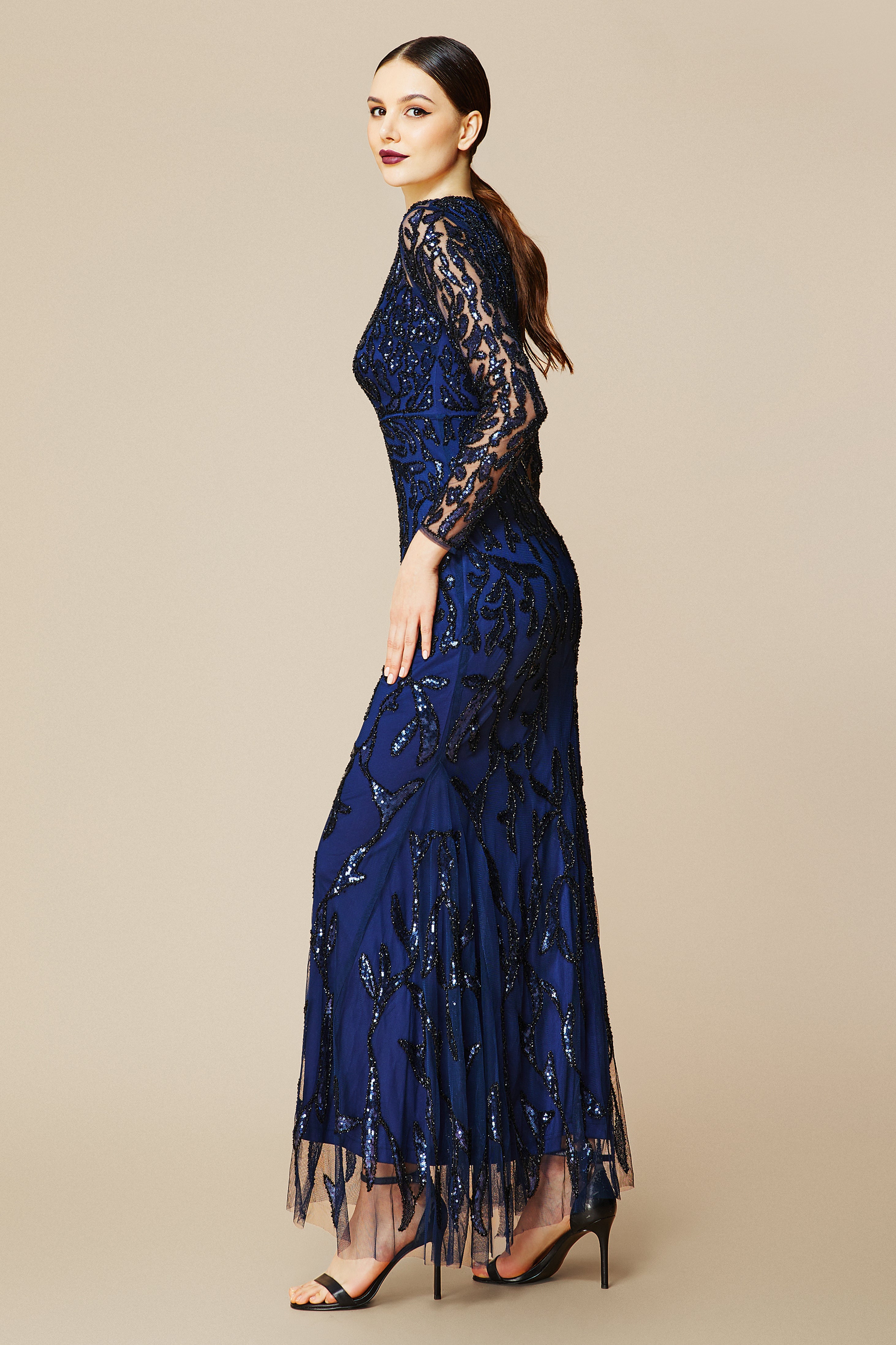 V Neck Sequin Bodycon Fitted Dress | Navyblue | 2