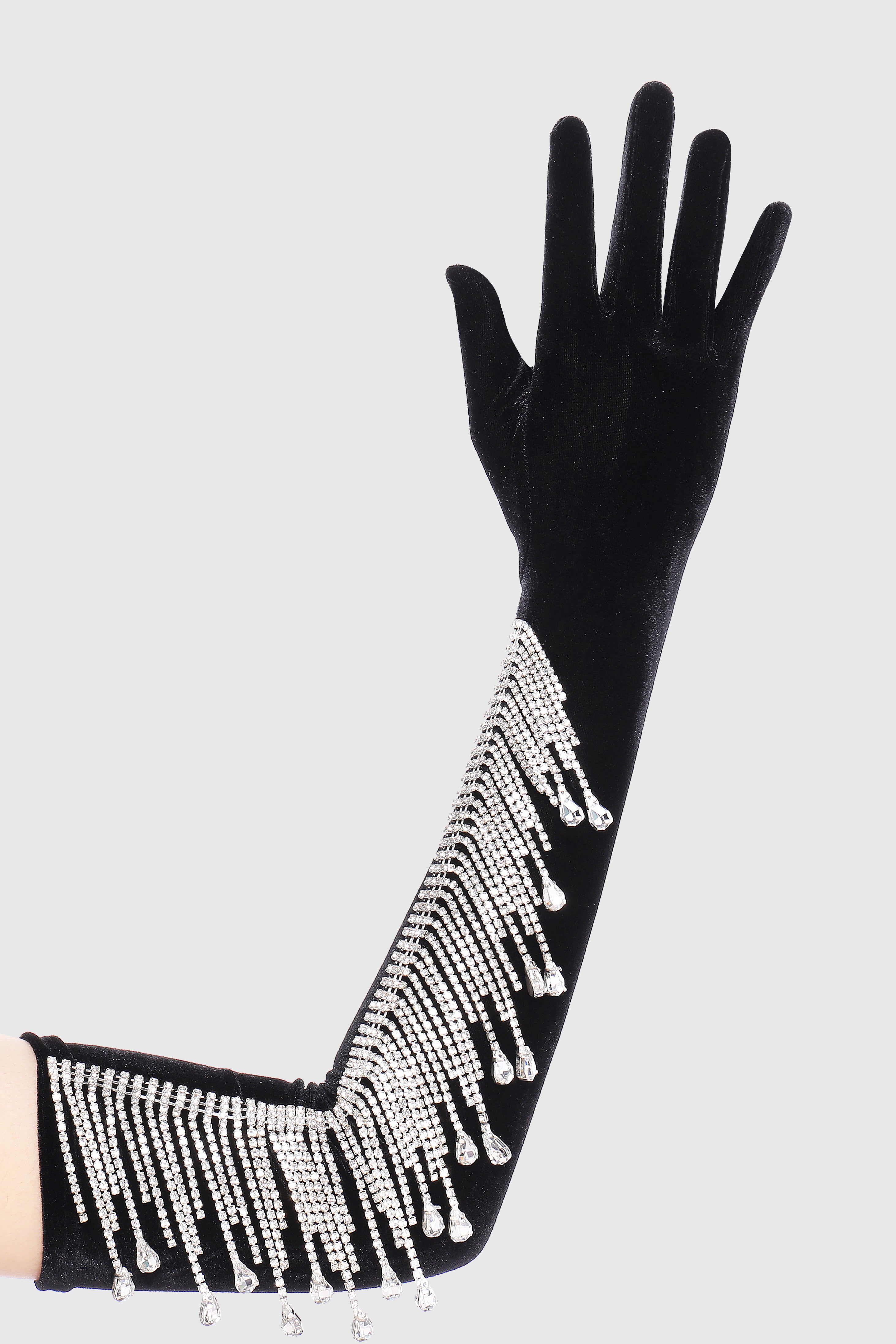 21.6" Velvet Stretchy Crystal Chain Gloves | Black | 1