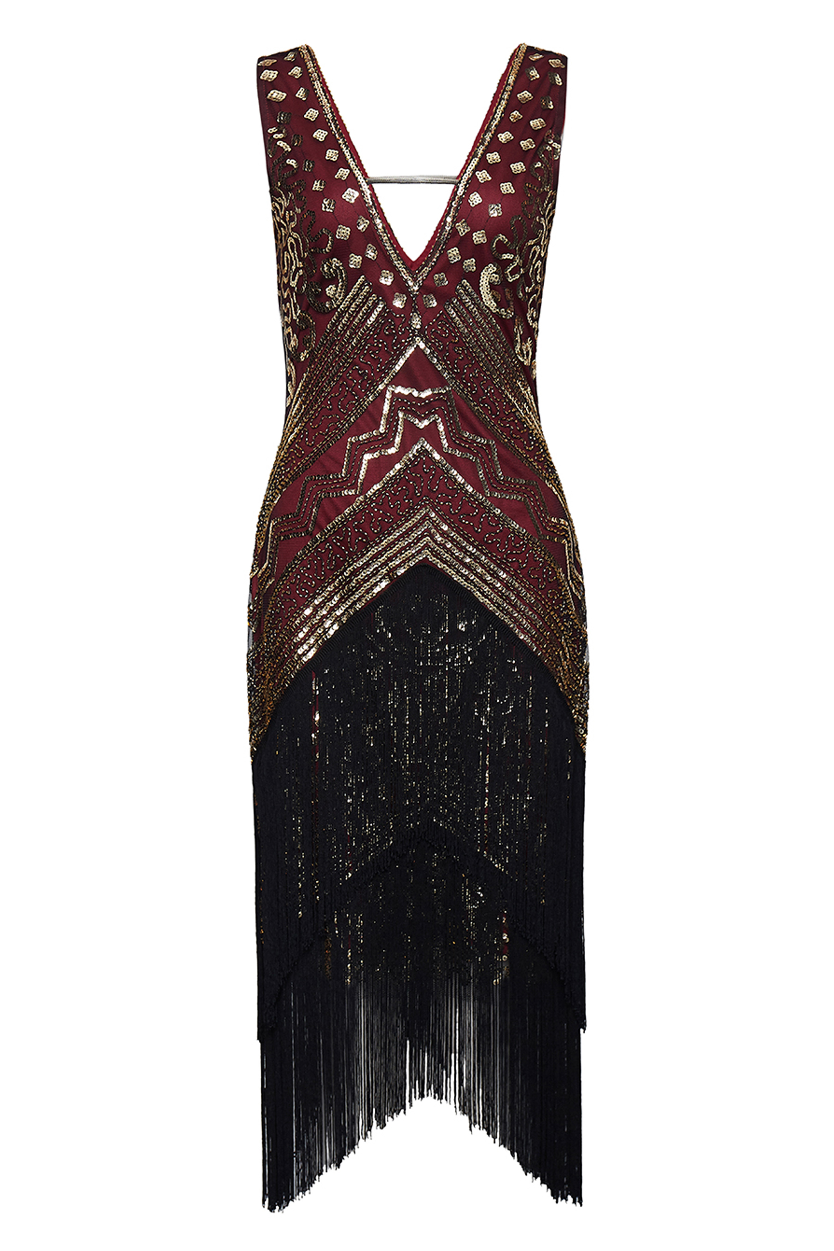 Rolling 20s Deep V-Neck Prom Dress | Burgundy/Gold | 9