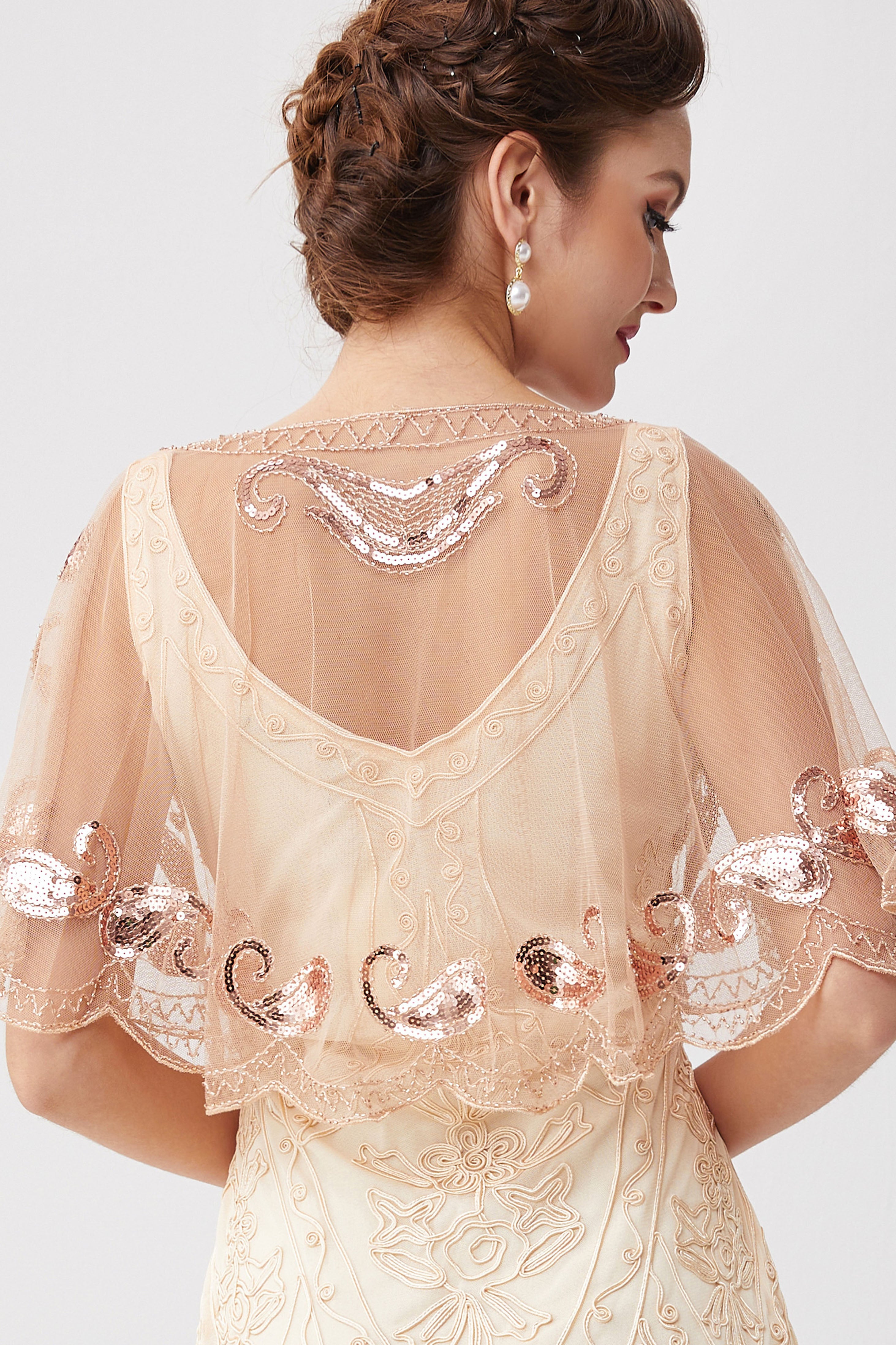 1920s Sequin Beaded Flapper Shawl | Bisque | 10