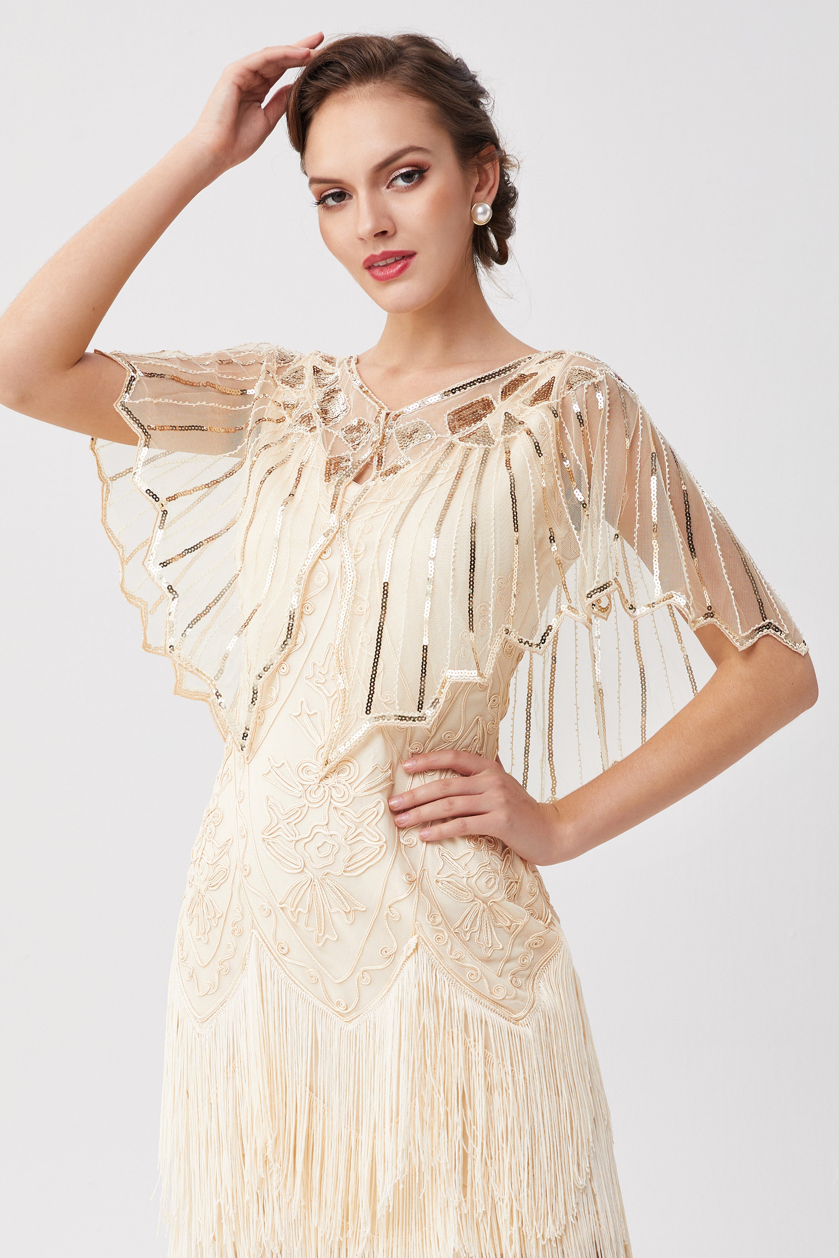 1920s Sequin Flapper Evening Shawl | Cream/Gold | 8