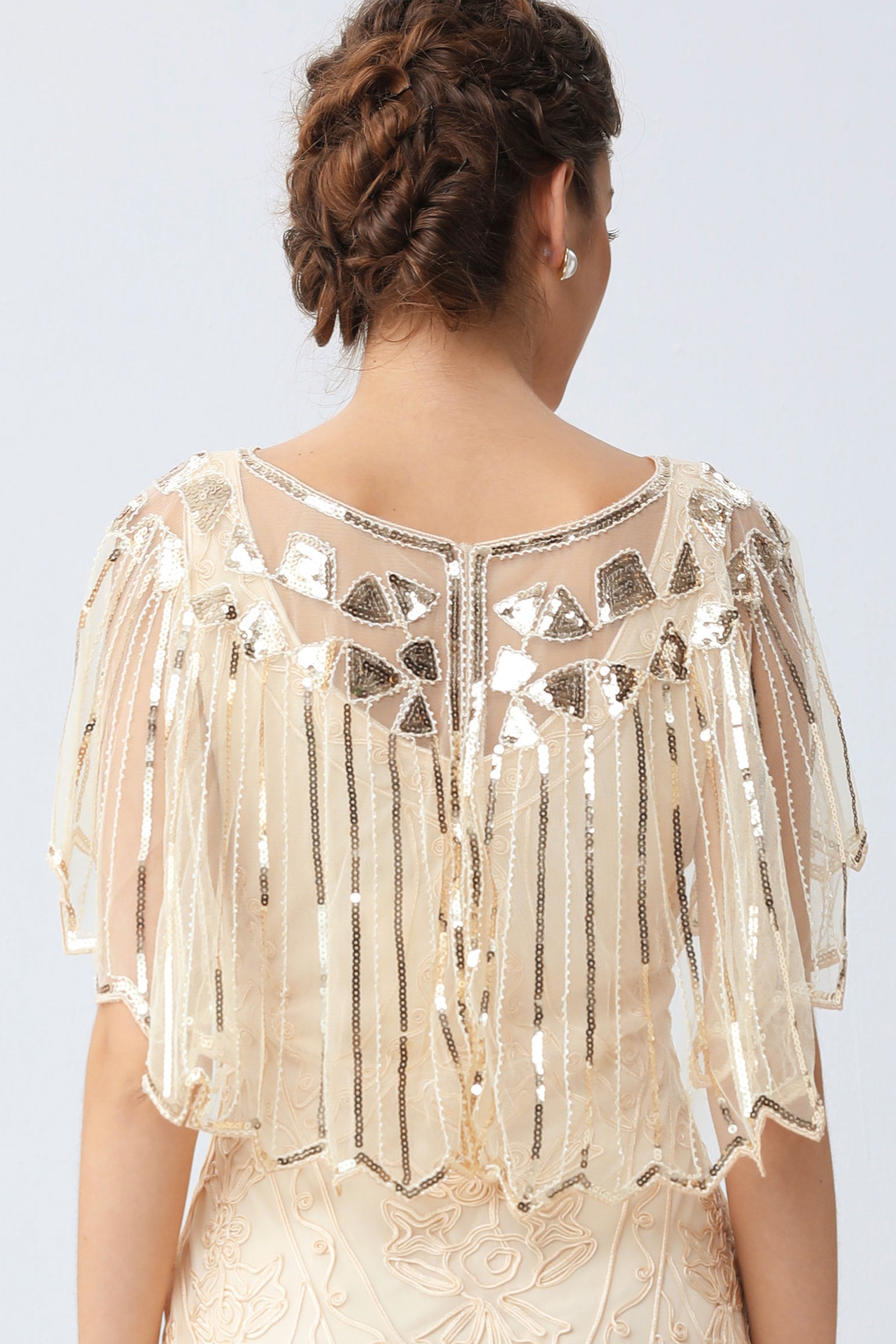 1920s Sequin Flapper Evening Shawl | Cream/Gold | 10