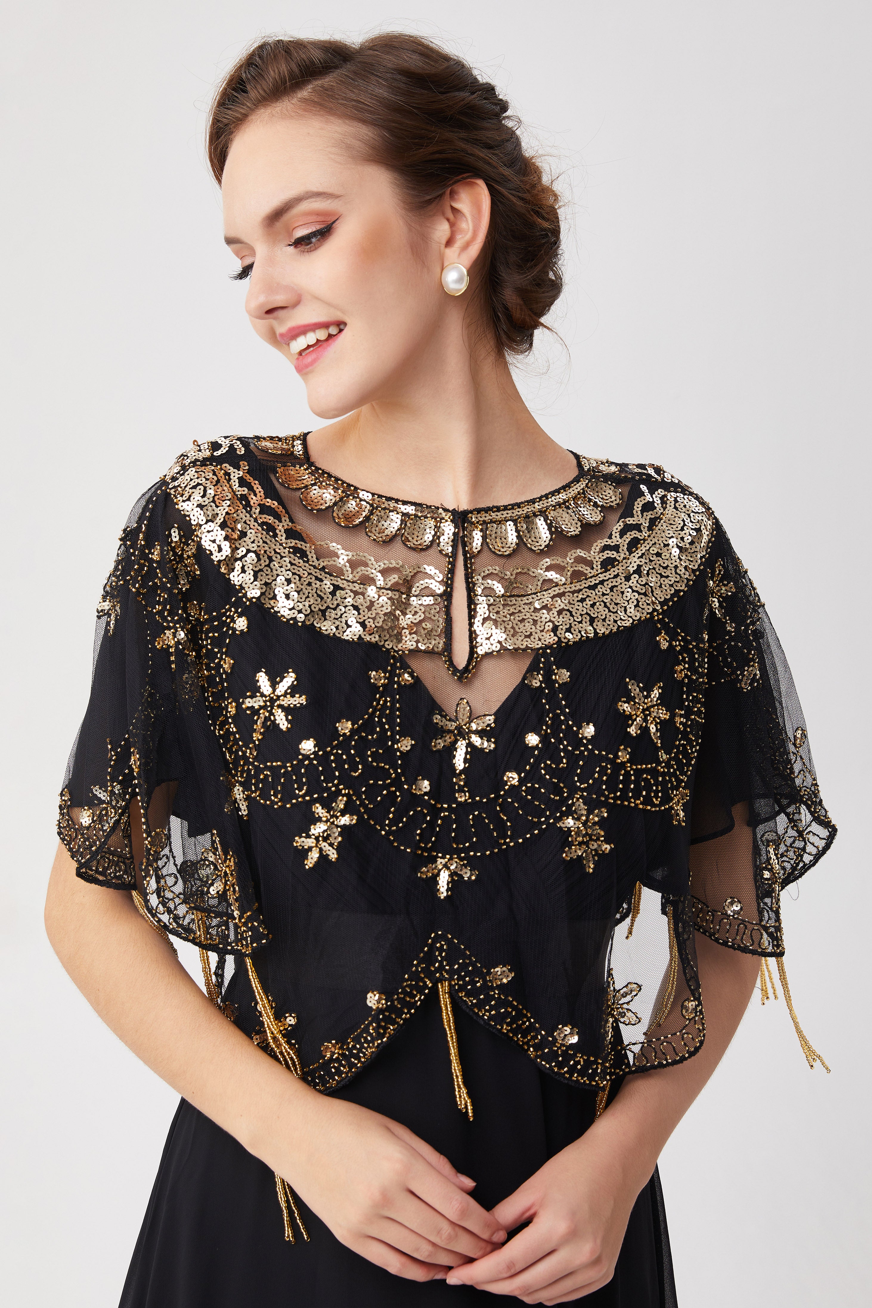 1920s Sequin Beaded Evening Shawl | Black/Gold | 7