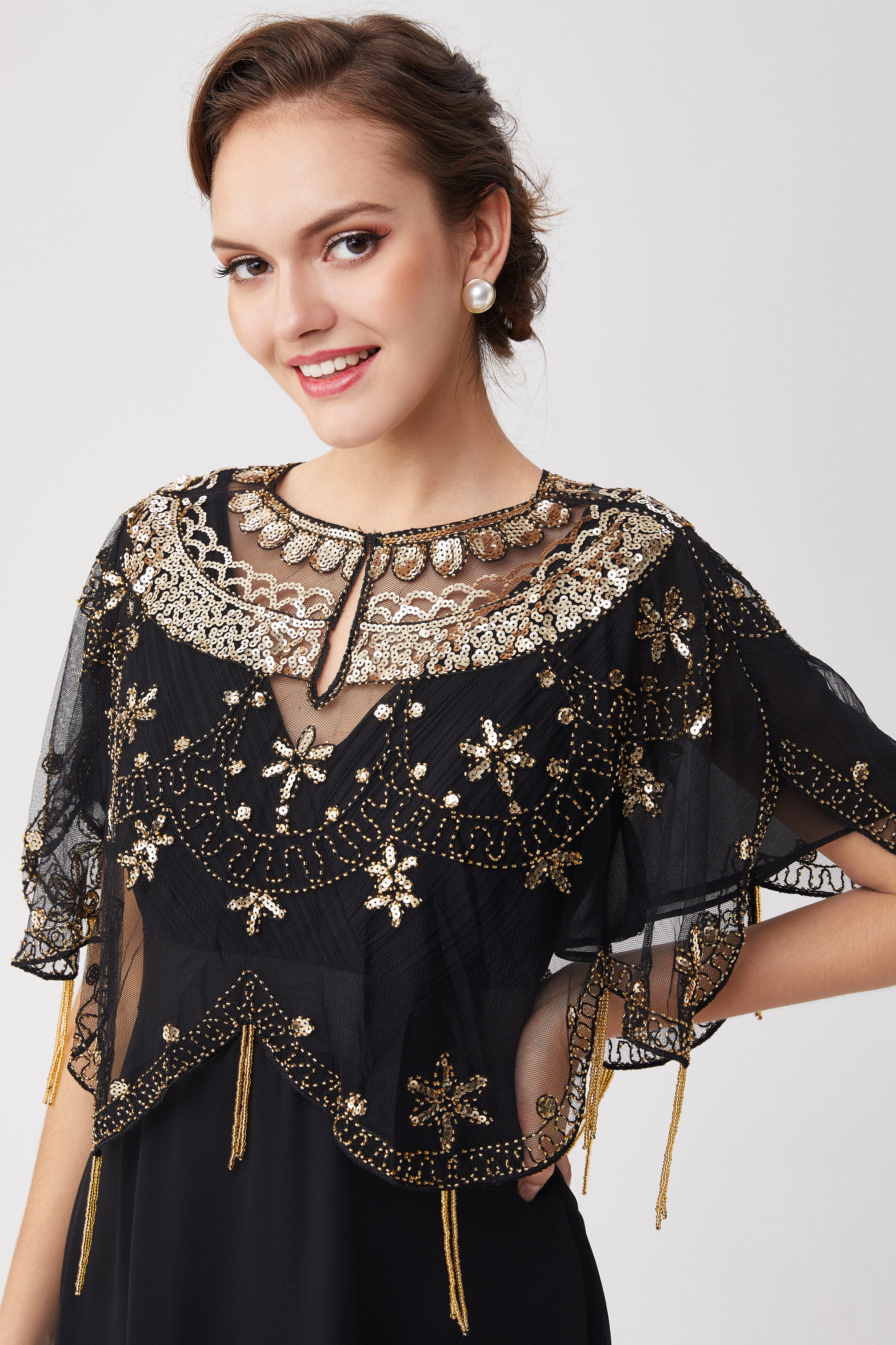 1920s Sequin Beaded Evening Shawl | Black/Gold | 8