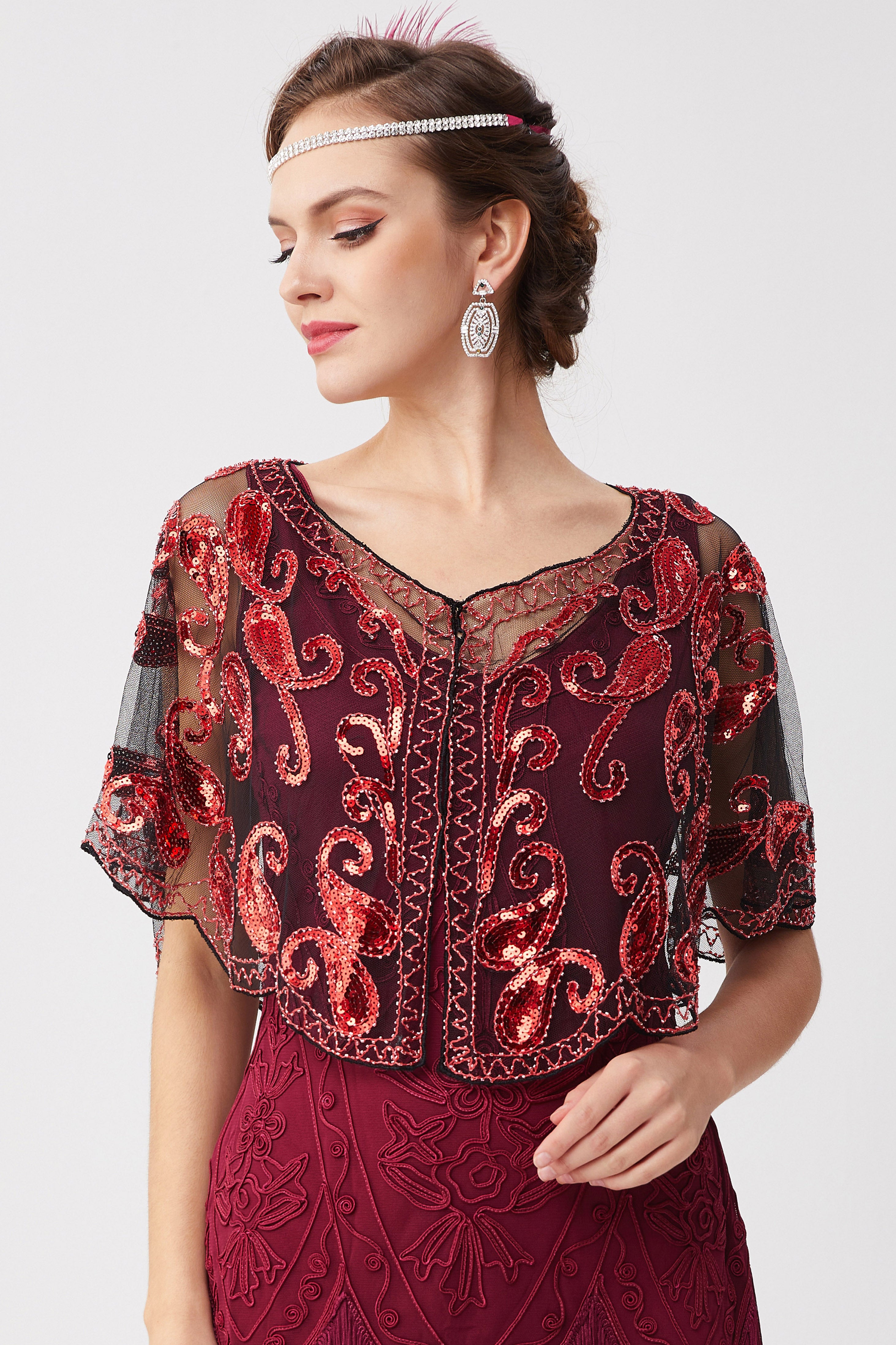 1920s Sequin Beaded Flapper Shawl | Black/Red | 17