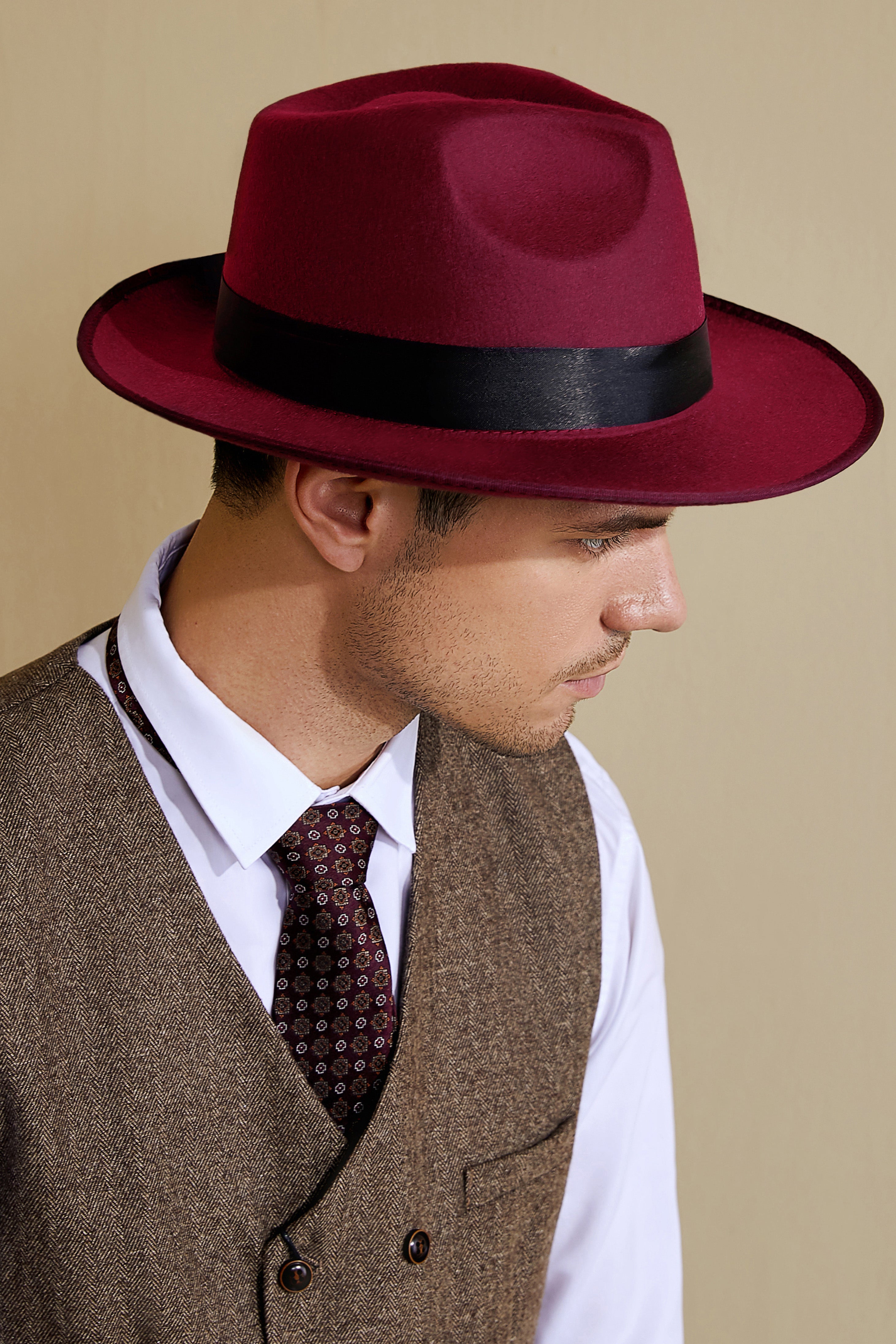 1920s Mens Panama Fedora Hat | Burgundy | 2