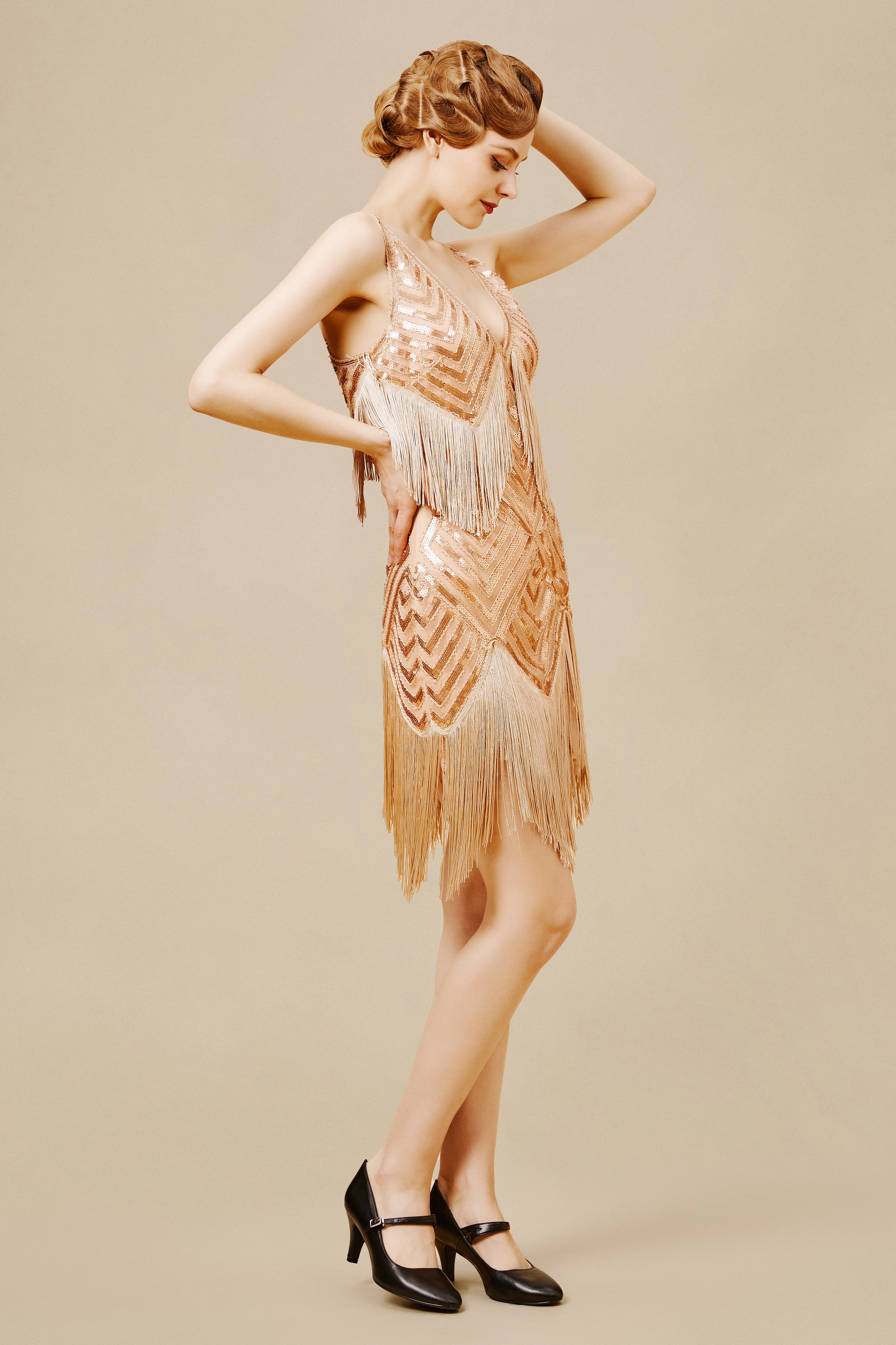 1920s Flapper Dress Set With Accessories – Beaded Fringe, Great Gatsby Theme, Champagne Gold