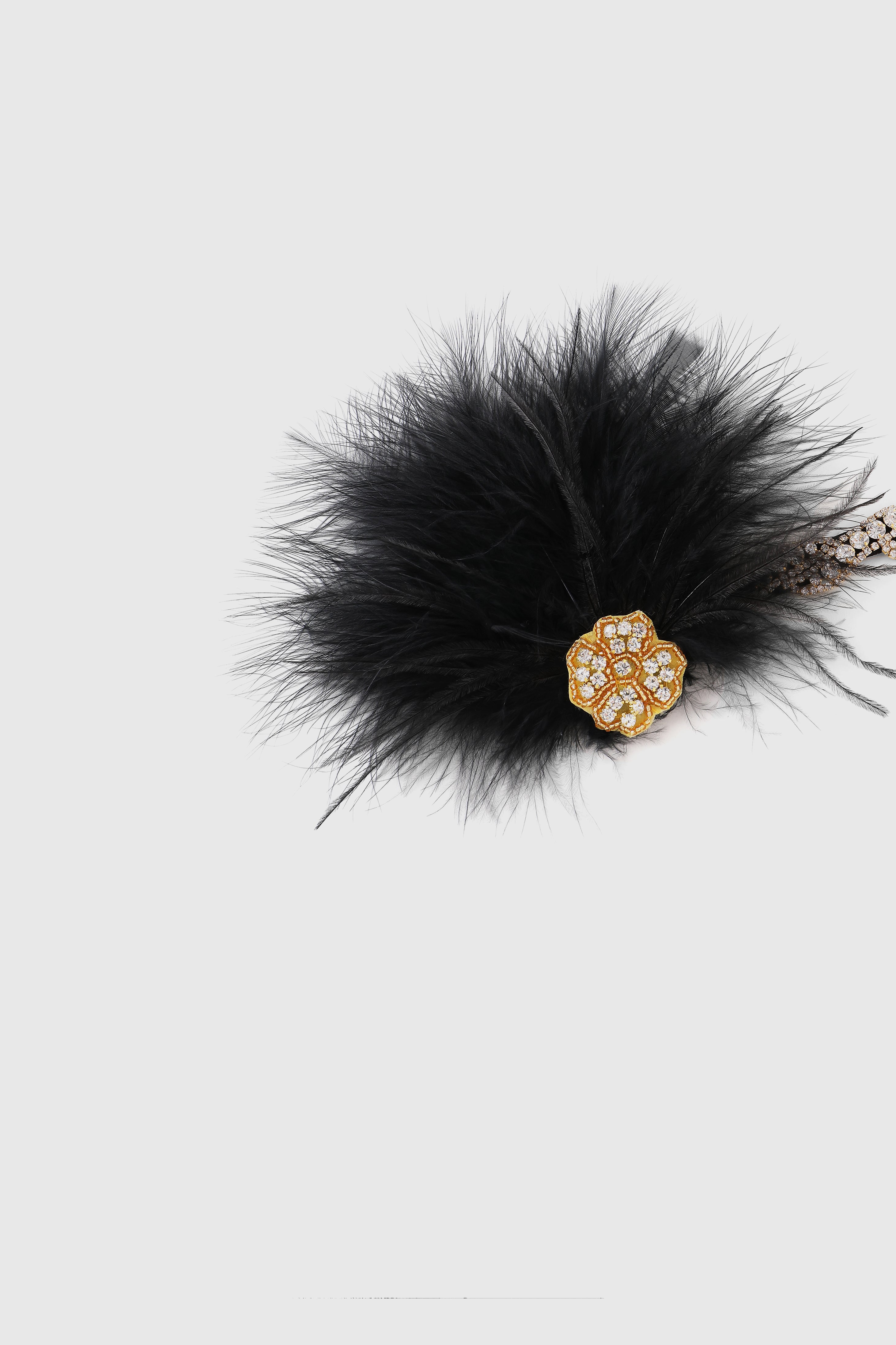 Black Feather and Gold Floral Rhinestone Headband | Black / Gold | 1
