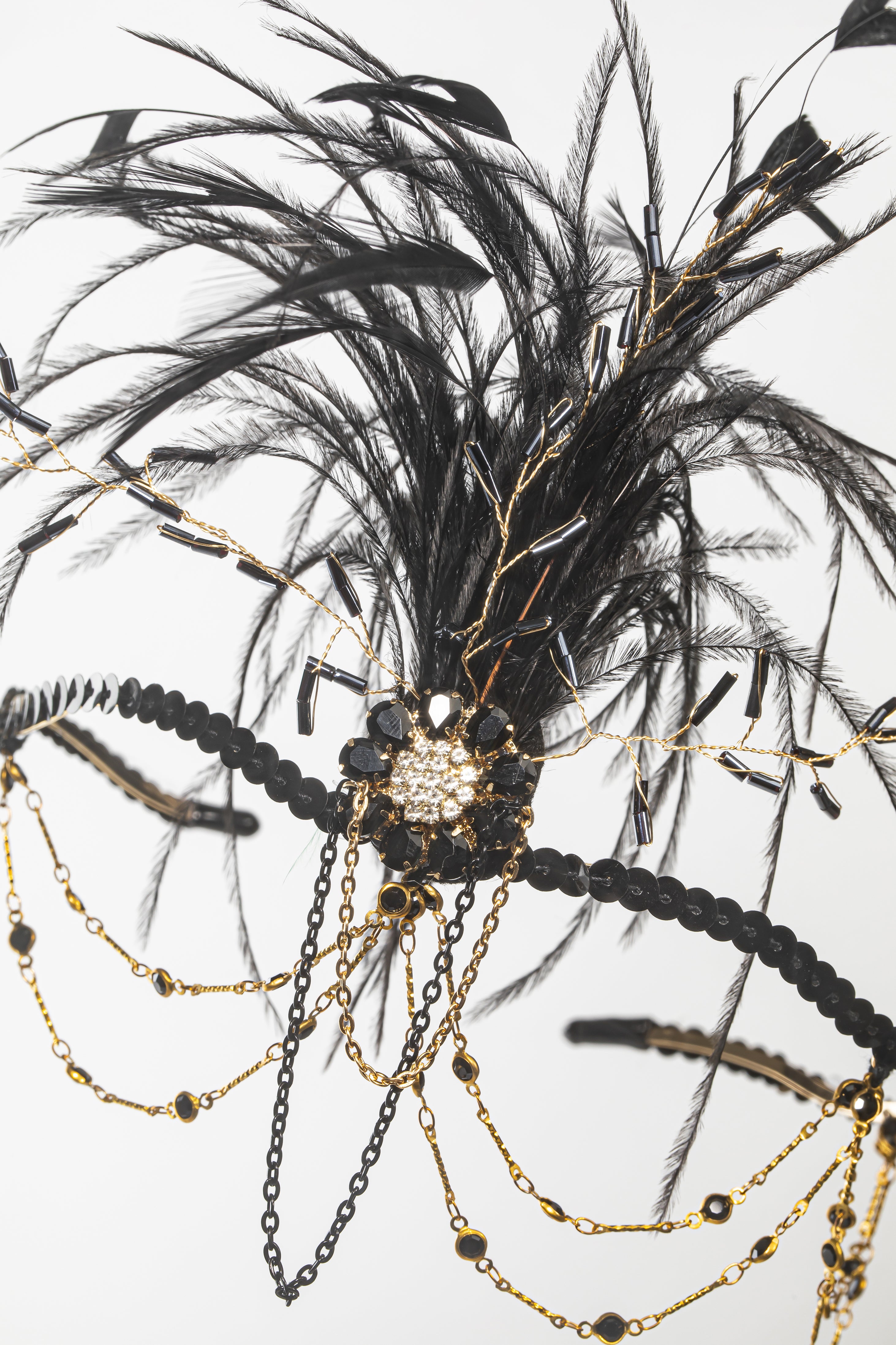 Beaded Crystal Chain Feather Headband | Black | 2