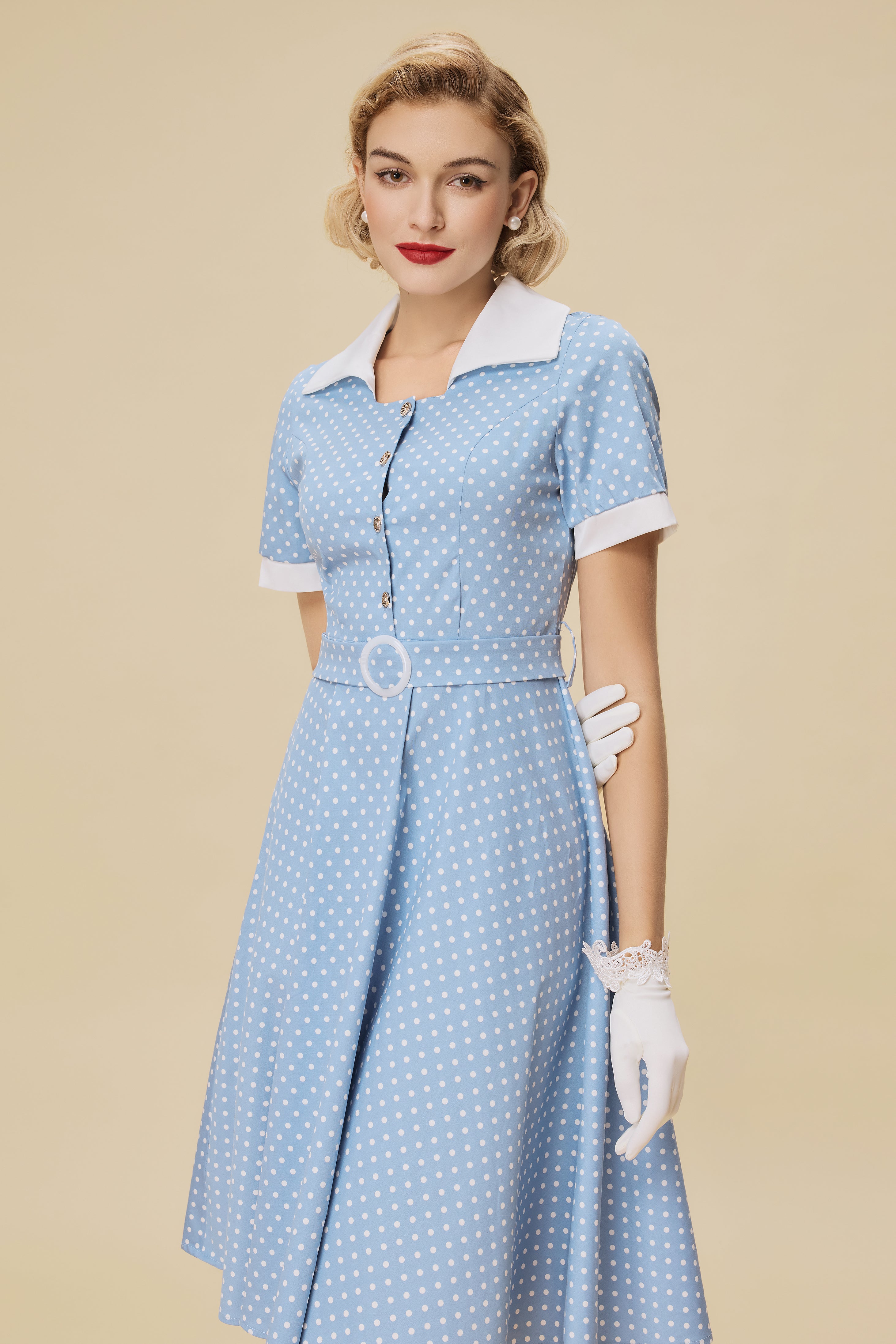 Shop 1950s Dresses Vintage Polka Dot Belted Swing Dress BABEYOND