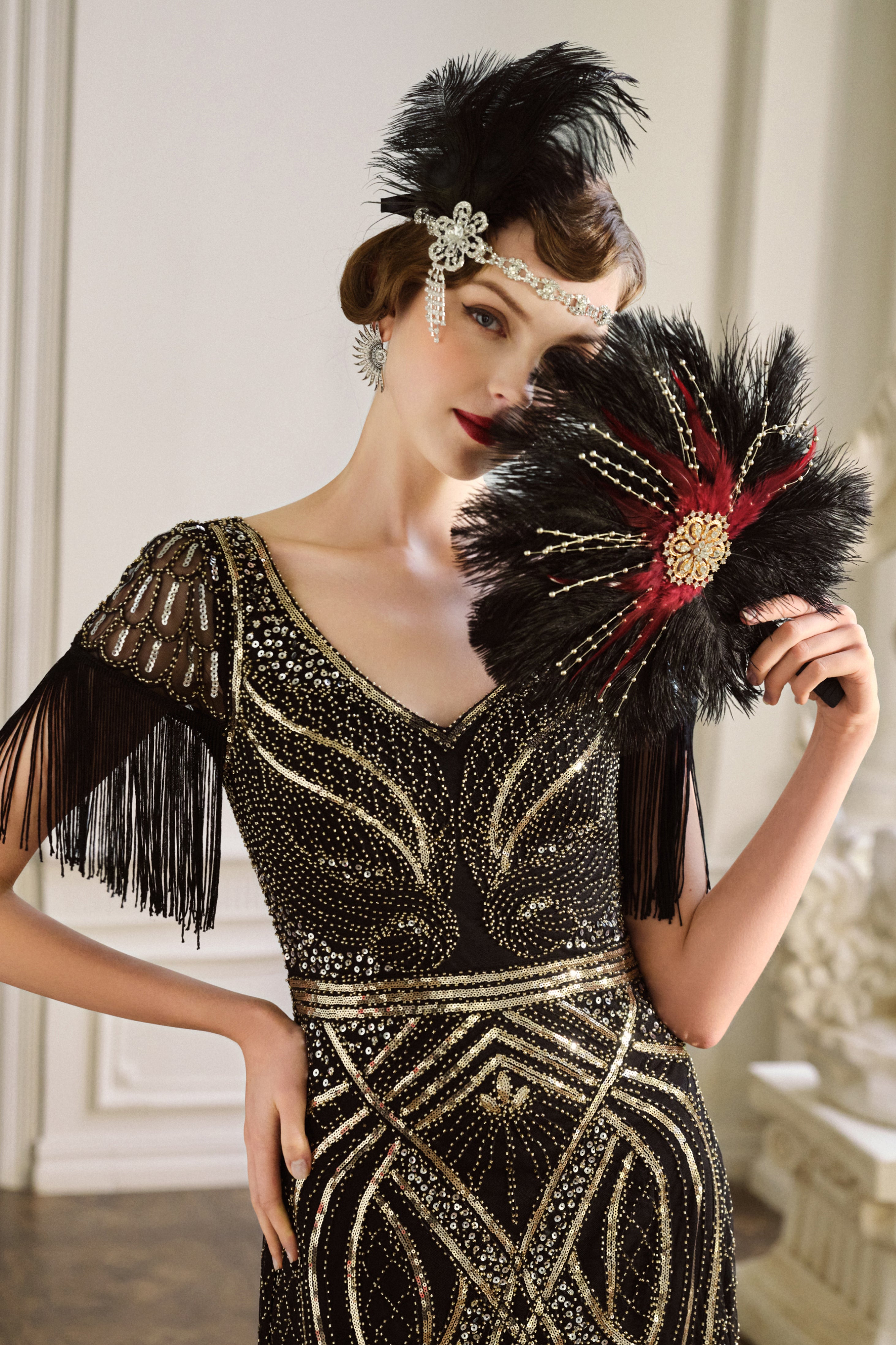 1920s Vintage Feather Bouquet Fan | Blackred | 3