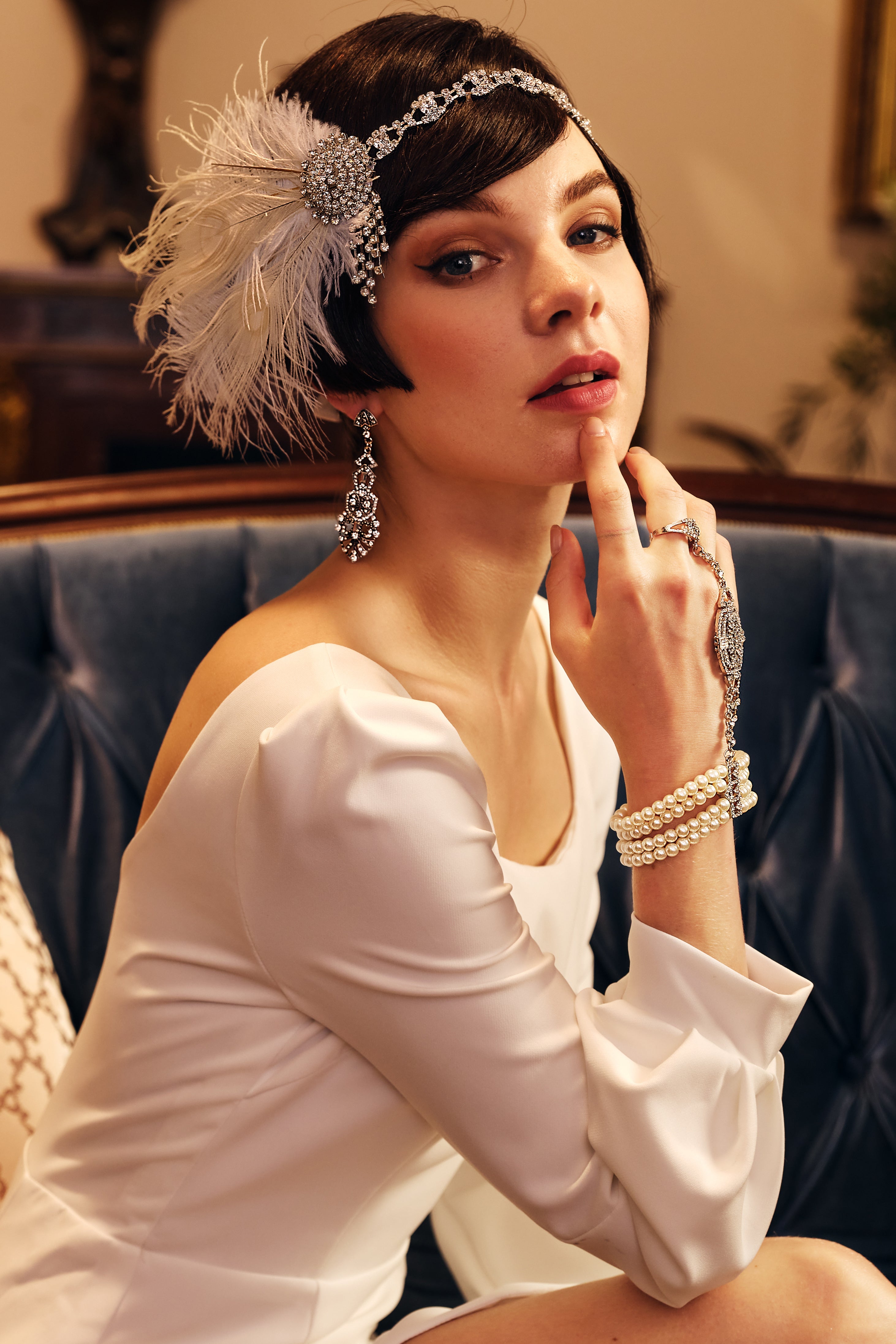Rhinestone Chain Feather Headpiece | White  | 7