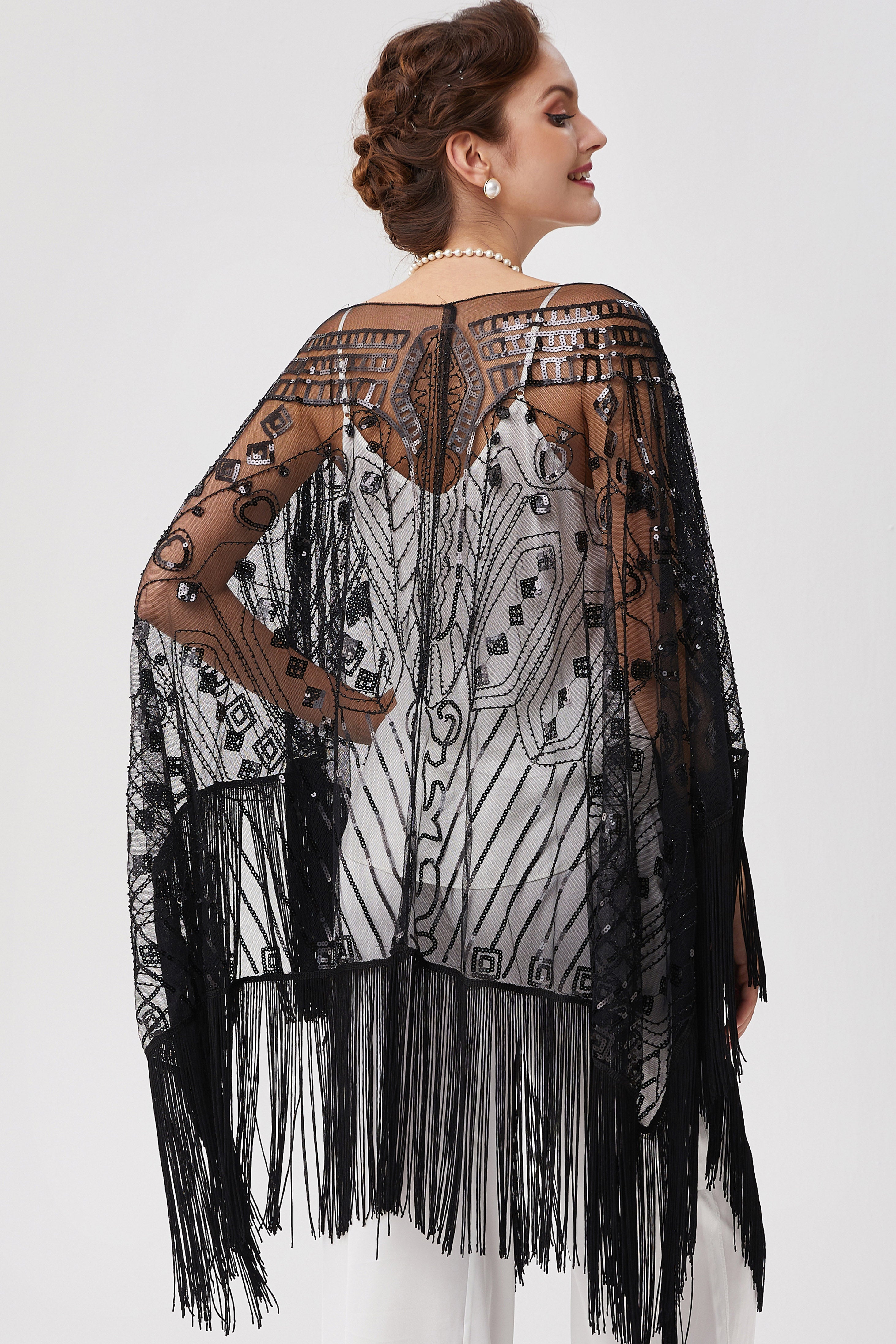 1920s Knee Length Fringed Shawl | Black | 20
